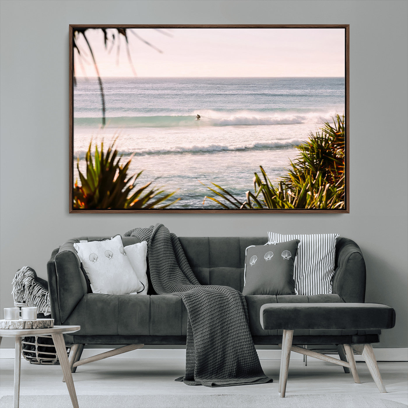 23287092-MGV-FC-36X24_Walnut-Ocean Surfer Wall Art Canvas Print, Framed Coastal Surf Art Picture Print, Tropical Beach Perfect Tropical Coastal Decor Artwork