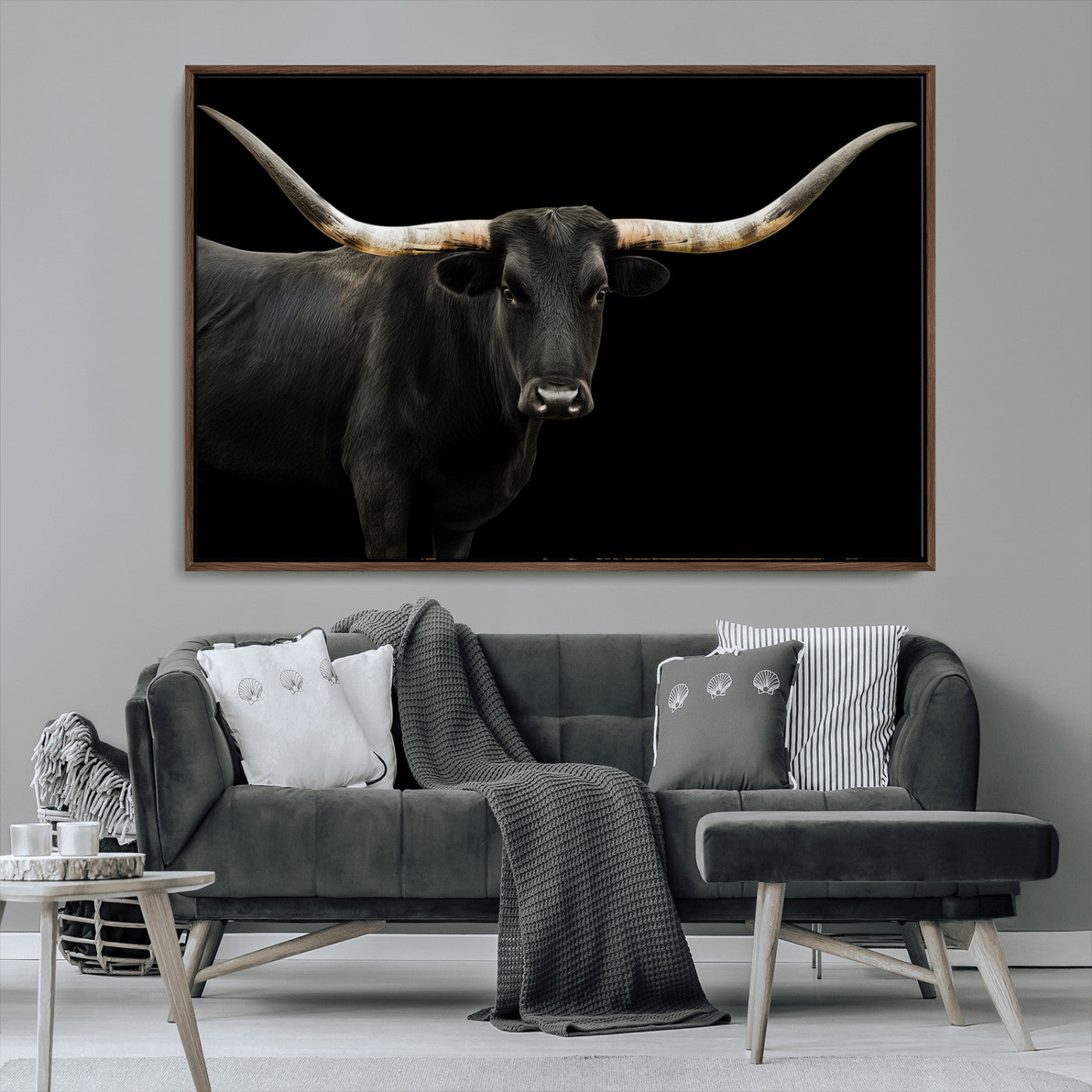 99448328-MGV-FC-36X24_Walnut-Longhorn Cattle Wall Art Canvas Print, Framed Texas Ranch Art Picture Print, Western Cow Perfect Farmhouse Decor Artwork