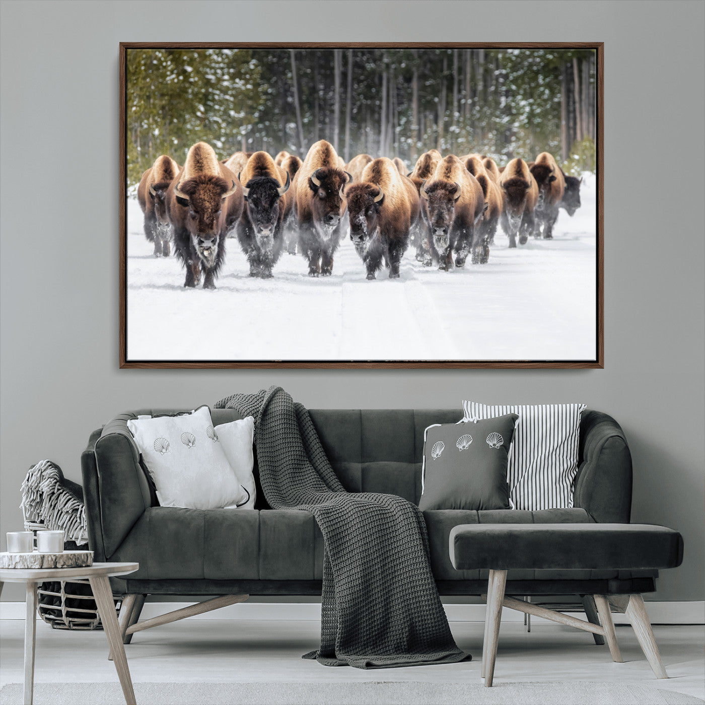 22695857-MGV-CV-36X24-Bison Herd Scene Wall Art Canvas Print, Framed Western Wildlife Art Picture Print, Rustic Animal Art Perfect Rustic Lodge Decor