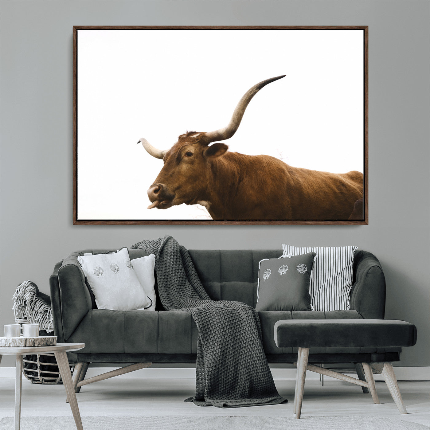 62566114-MGV-CV-36X24-Longhorn Cow Art Wall Art Canvas Print, Framed Rustic Animal Decor Art Picture Print, Texas Bull Photo Perfect Rustic Farmhouse