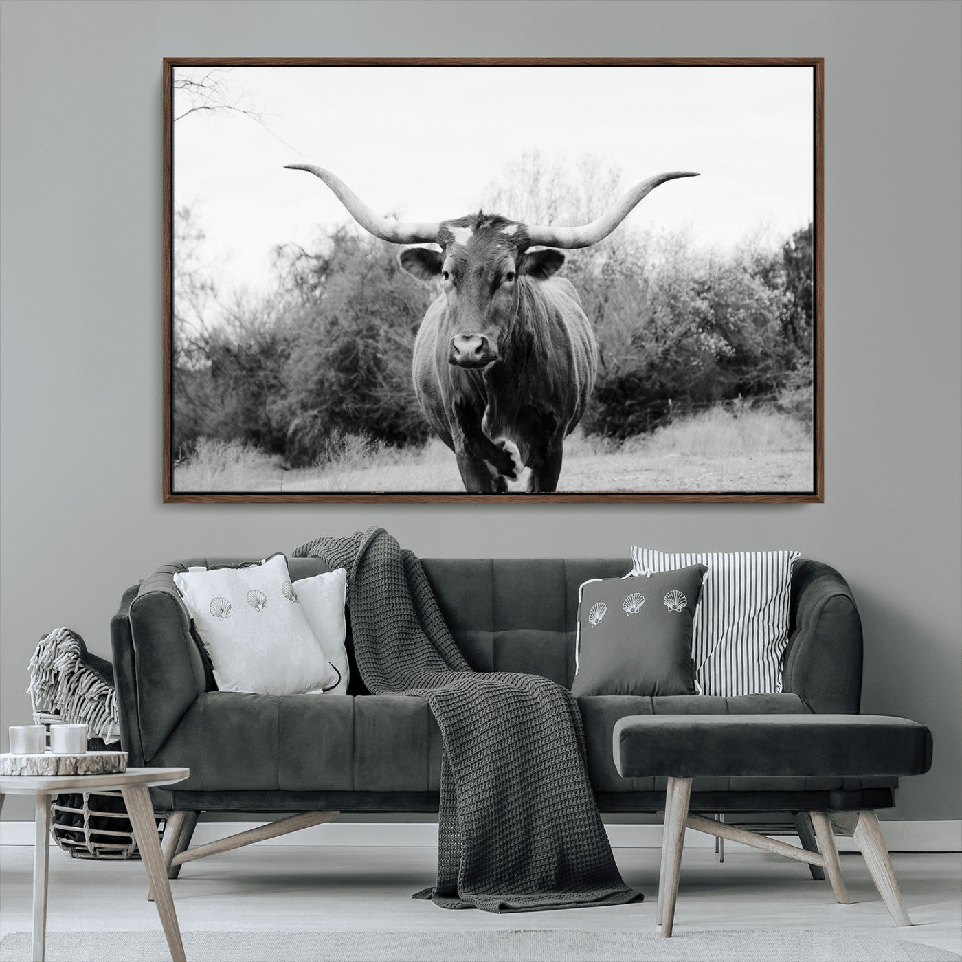 97280319-MGV-CV-36X24-Longhorn Photography Wall Art Canvas Print, Framed Western Cow Decor Art Picture Print, Texas Ranch Style Perfect Rustic Farmhouse