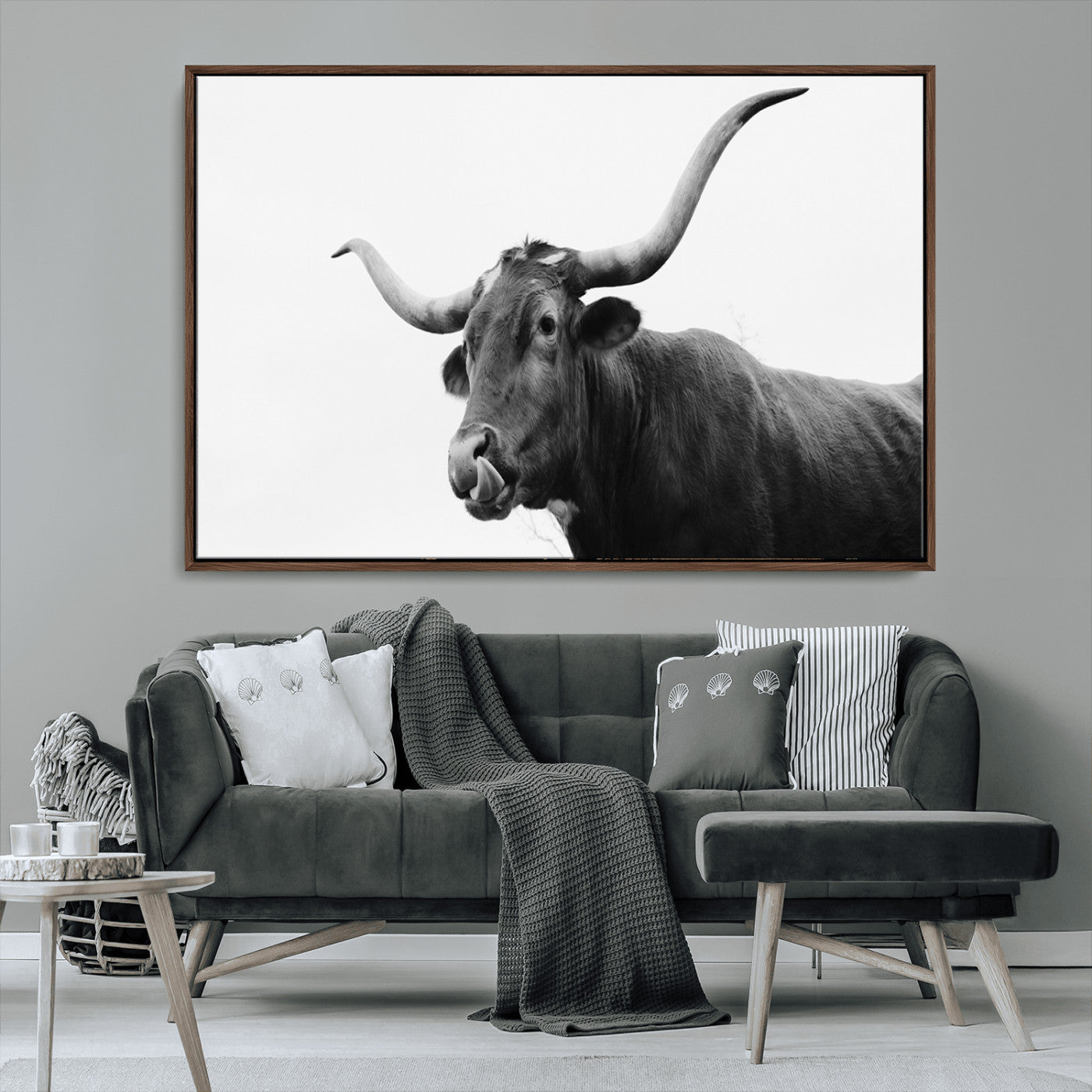 99244177-MGV-CV-36X24-Longhorn Photography Wall Art Canvas Print, Framed Western Cow Decor Art Picture Print, Black White Bull Perfect Modern Rustic