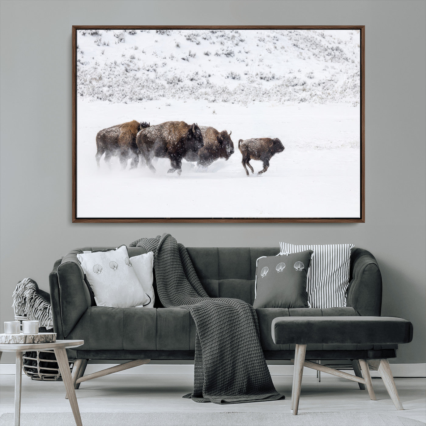 56216945-MGV-CV-36X24-Bison Herd Decor Wall Art Canvas Print, Framed Snowy Bison Scene Art Picture Print, Winter Wildlife Theme Perfect Rustic Western