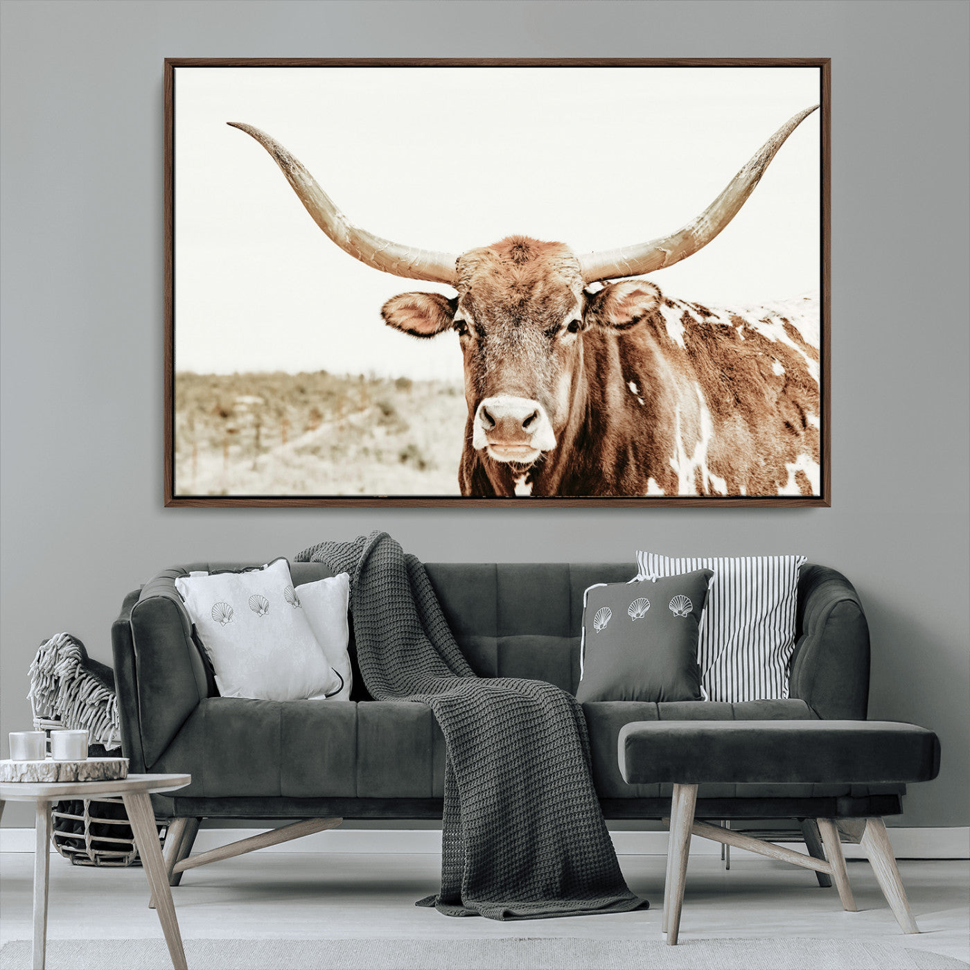 98924580-MGV-CV-36X24-Texas Longhorn Bull Wall Art Canvas Print, Framed Rustic Farmhouse Decor Art Picture Print, Western Animal Theme Perfect Rustic