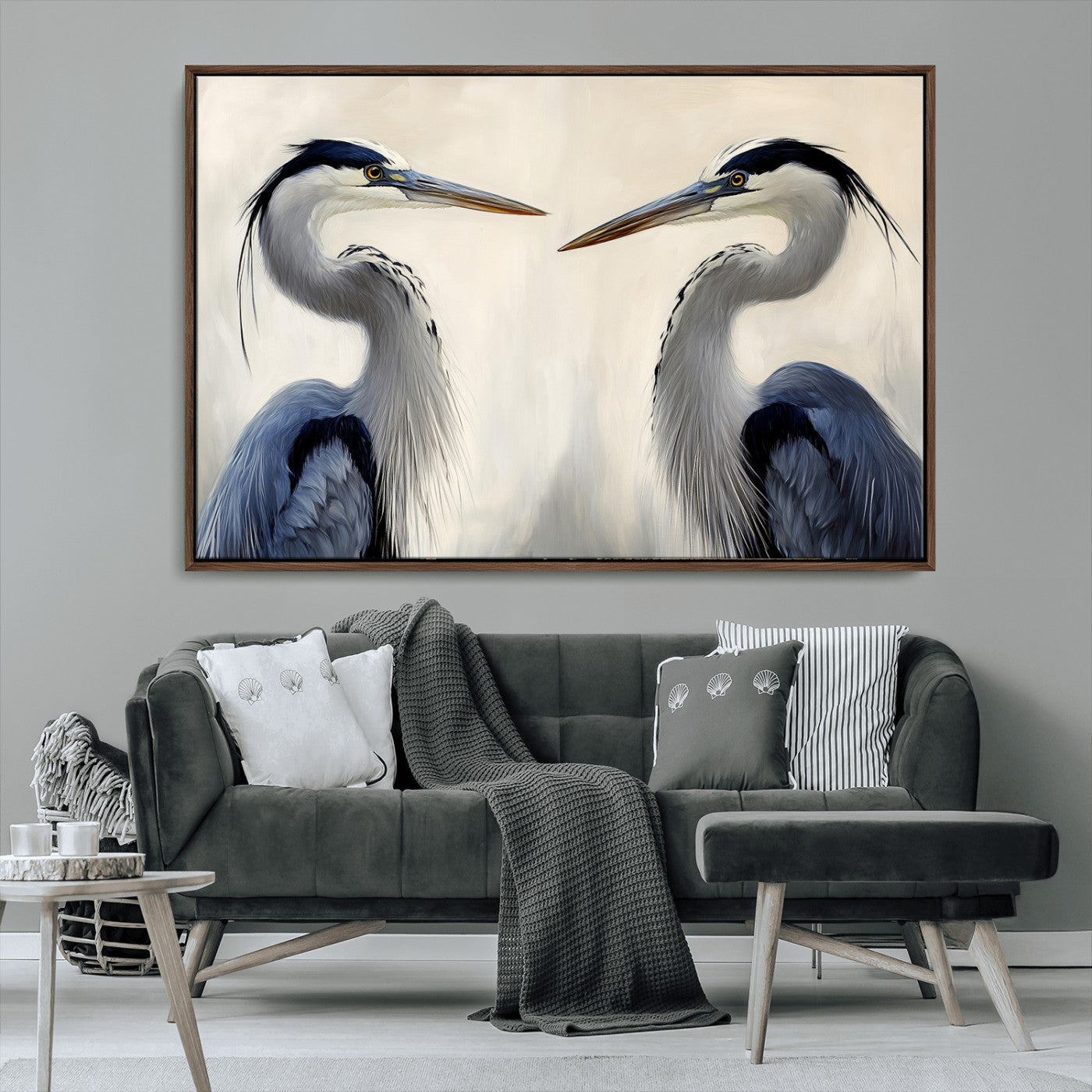 18230556-MGV-CV-36X24-Blue Heron Pair Wall Art Canvas Print, Framed Coastal Bird Theme Art Picture Print, Tranquil Wildlife Scene Perfect Coastal