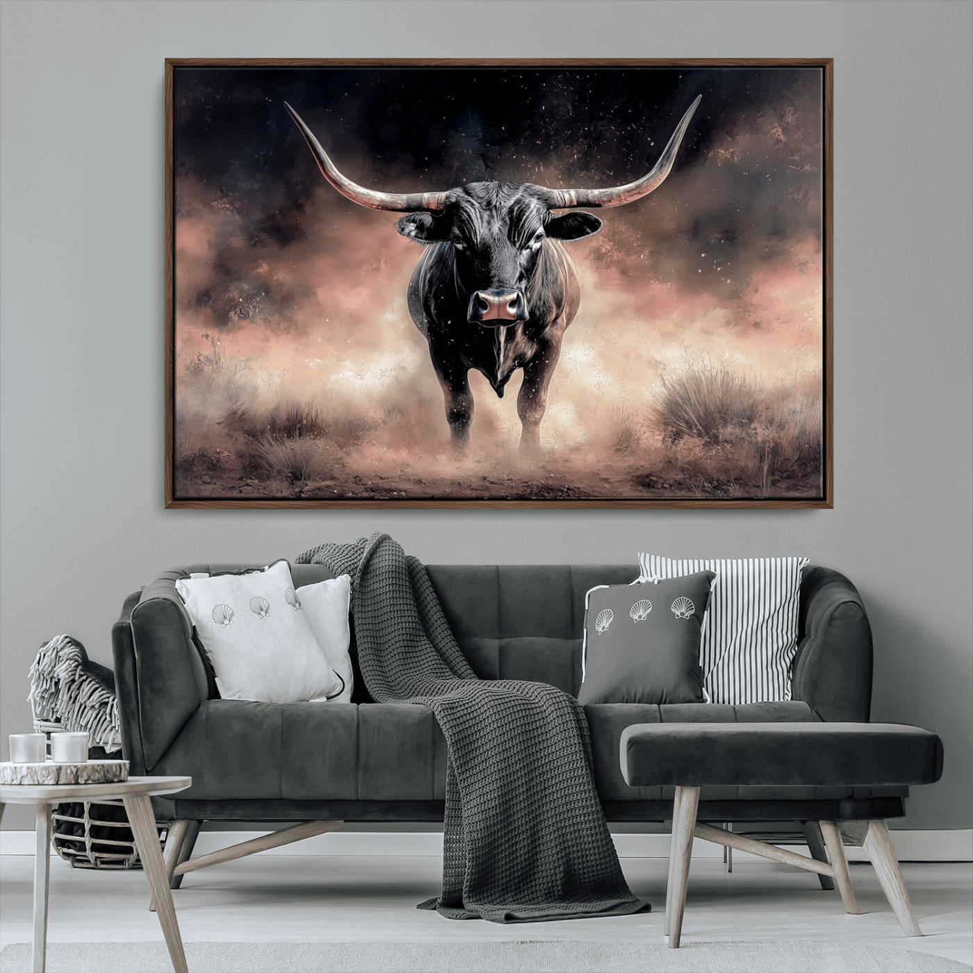 71457818-MGV-CV-36X24-Longhorn Wall Art Wall Art Canvas Print, Framed Western Bull Canvas Art Picture Print, Rustic Cow Decor Perfect Western Dramatic