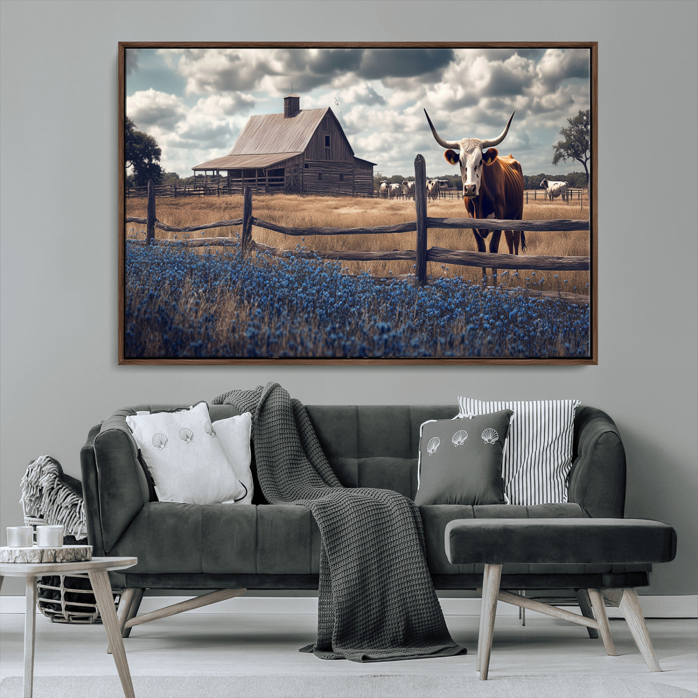 51092814-MGV-CV-36X24-Texas Longhorn Wall Art Wall Art Canvas Print, Framed Rustic Barn Canvas Art Picture Print, Farmhouse Cow Decor Perfect Rustic