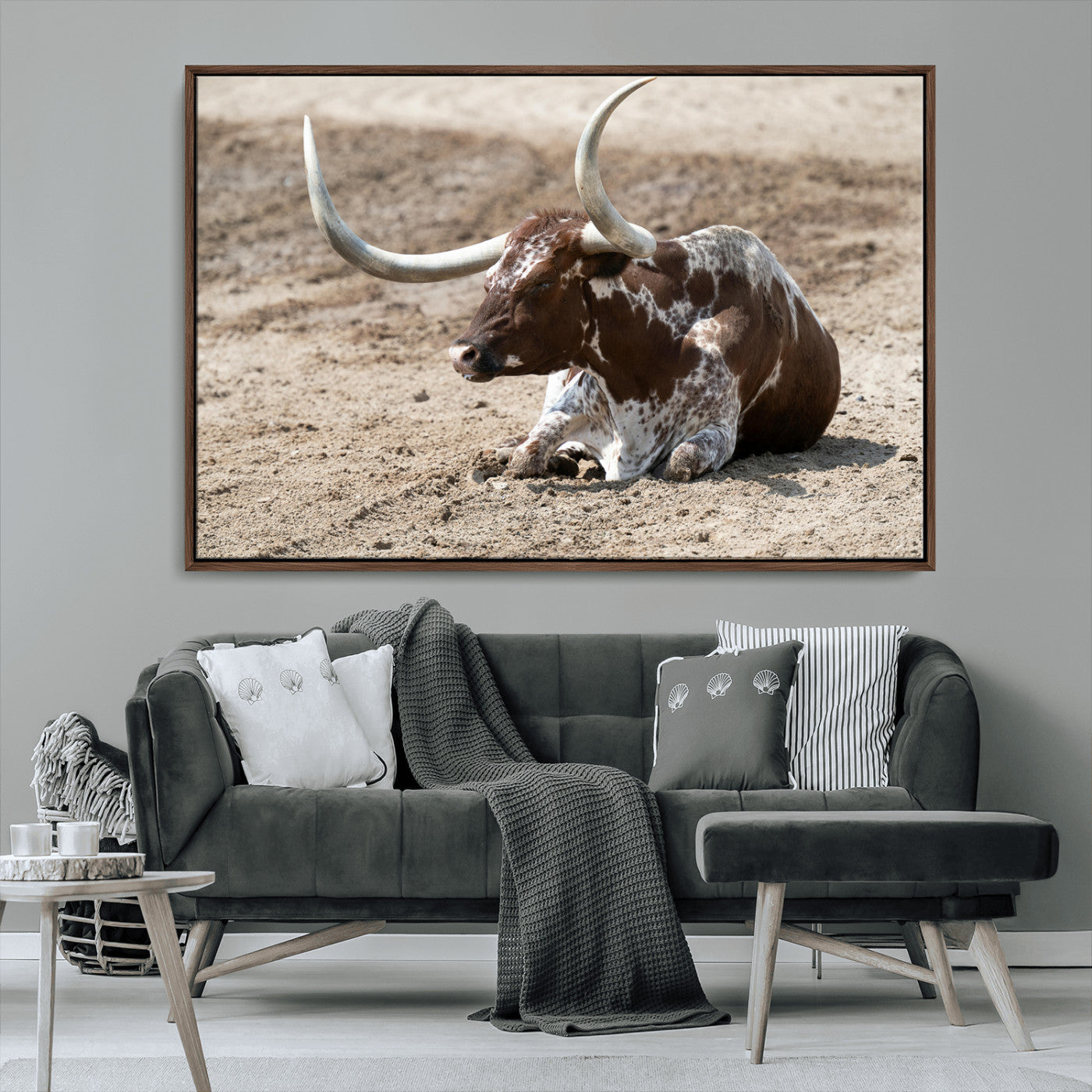 76549210-MGV-CV-36X24-Texas Longhorn Wall Art Canvas Print, Framed Country Living Art Picture Print, Farmhouse Aesthetic Perfect Western Rustic Decor