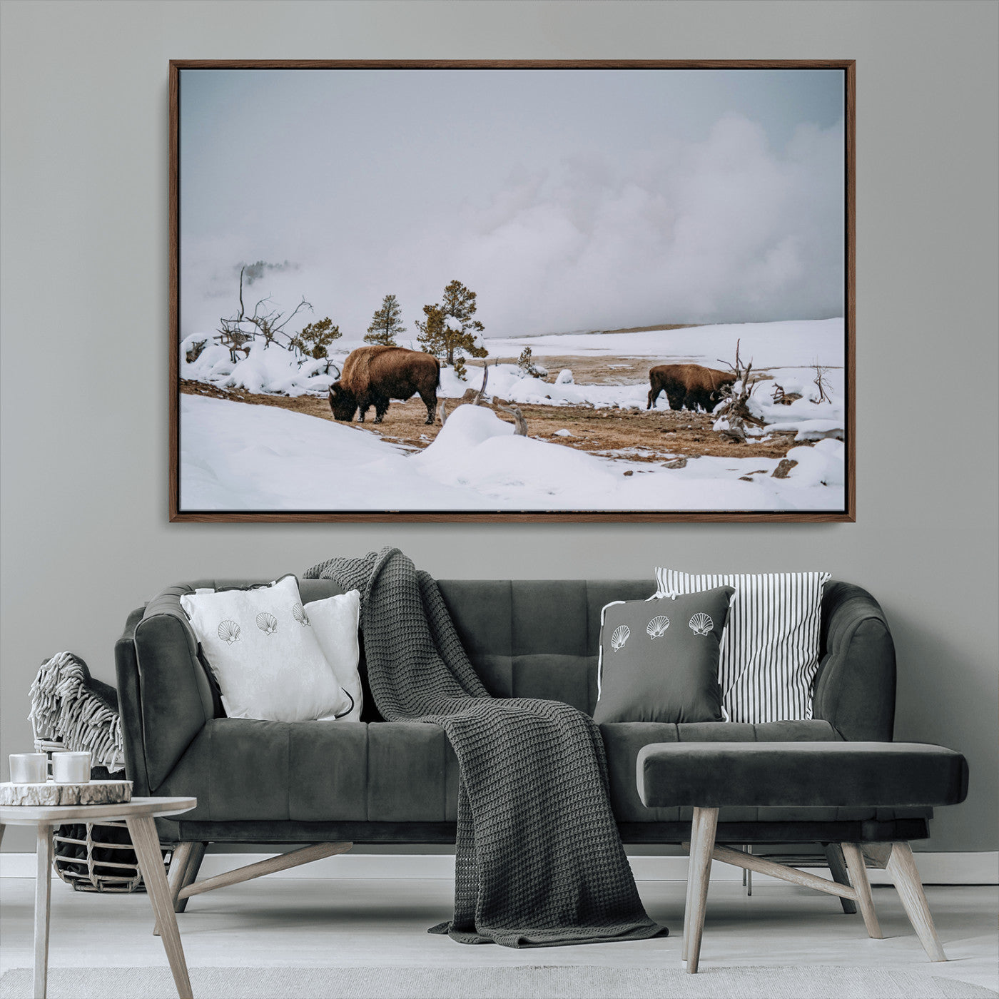 60308289-MGV-CV-36X24-Bison Wildlife Wall Art Canvas Print, Framed Snowy Prairie Art Picture Print, Western Landscape Perfect Rustic Winter Decor