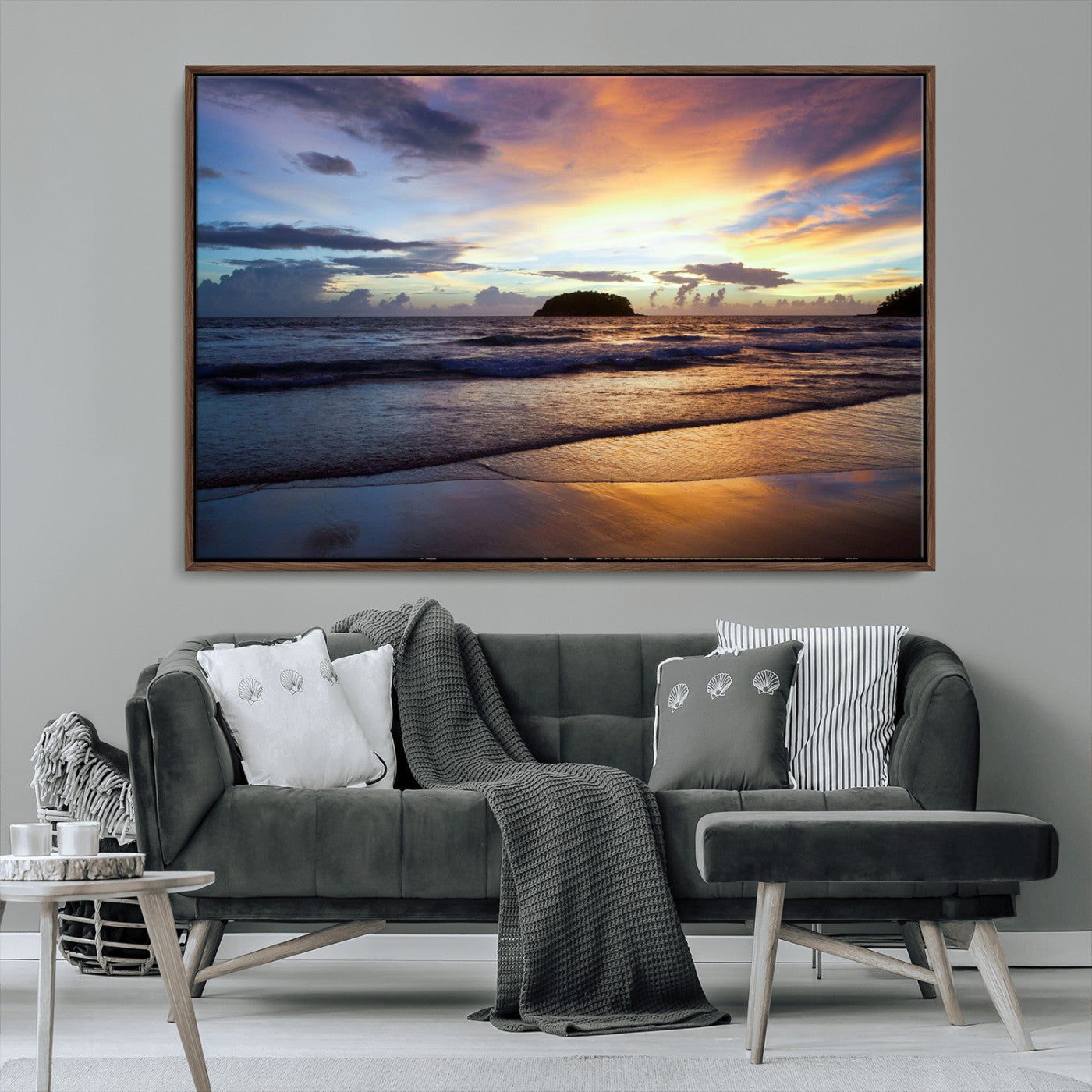 36714356-MGV-CV-36X24-Beach Sunset Wall Art Canvas Print, Framed Ocean Waves Art Picture Print, Tropical Seascape Perfect Coastal Serenity Decor Artwork