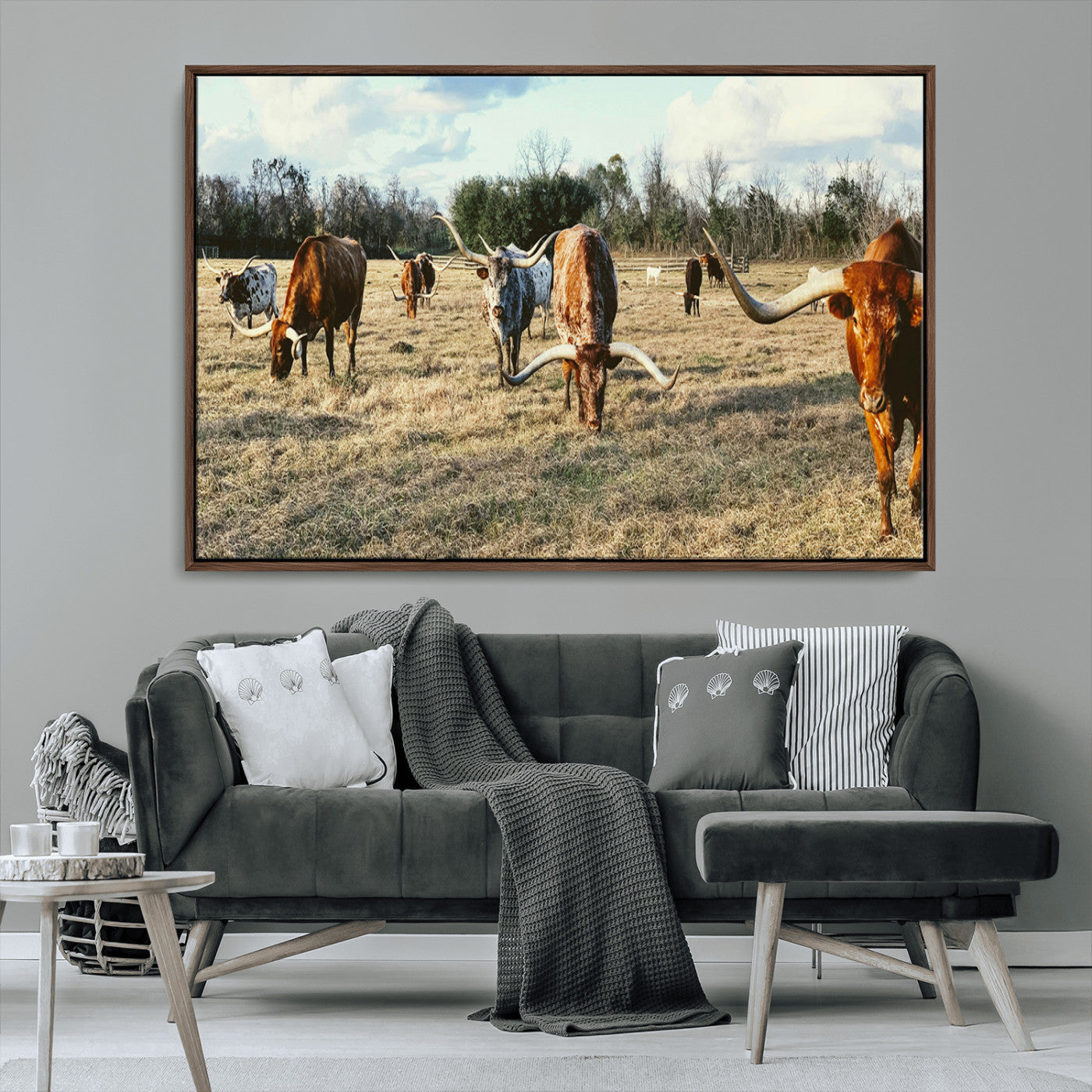 39144651-MGV-CV-36X24-Texas Longhorns Wall Art Canvas Print, Framed Rustic Farm Scene Art Picture Print, Western Cattle Perfect Rustic Farmhouse Decor