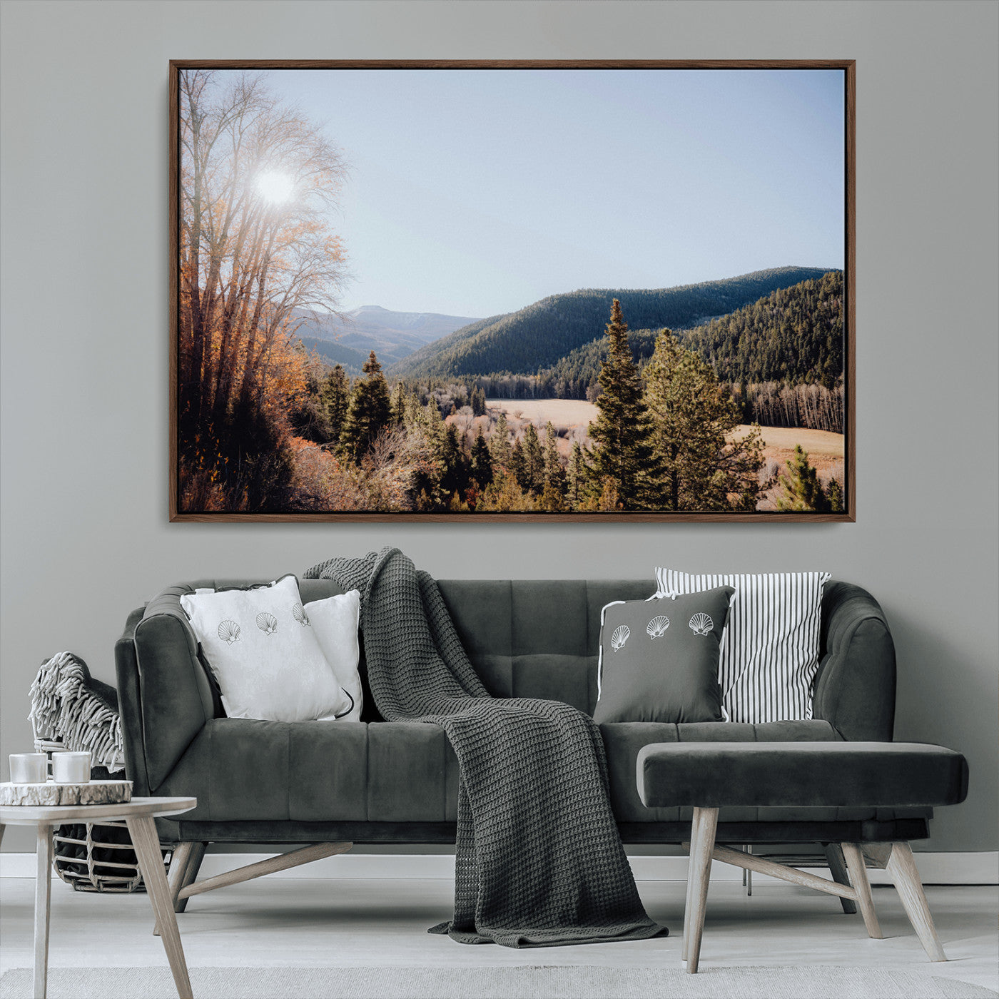 52941305-MGV-FC-36X24_Walnut-Rustic Landscape Wall Art Canvas Print, Framed Serene Valley Art Picture Print, Pine Tree Horizon Perfect Rustic Cabin Decor