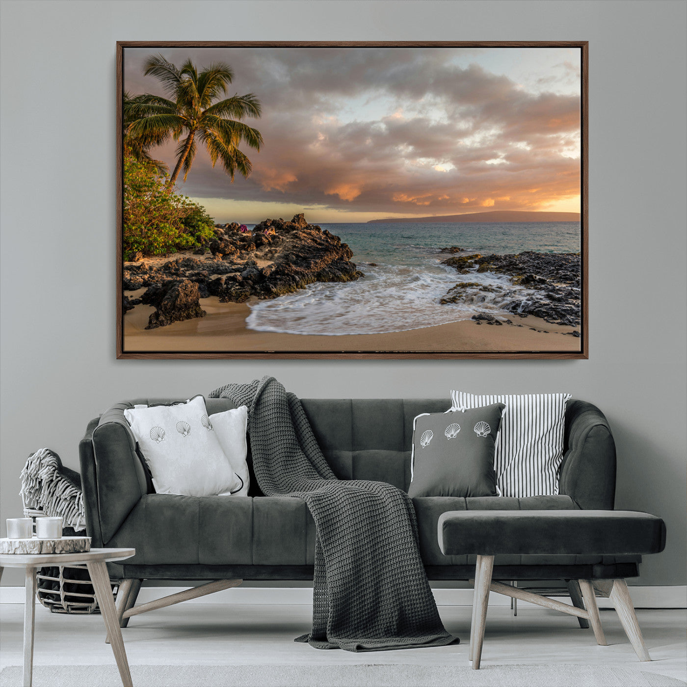 55108220-MGV-CV-36X24-Tropical Beach Wall Art Canvas Print, Framed Hawaiian Sunset Art Picture Print, Ocean Waves Perfect Coastal Tropical Decor Artwork
