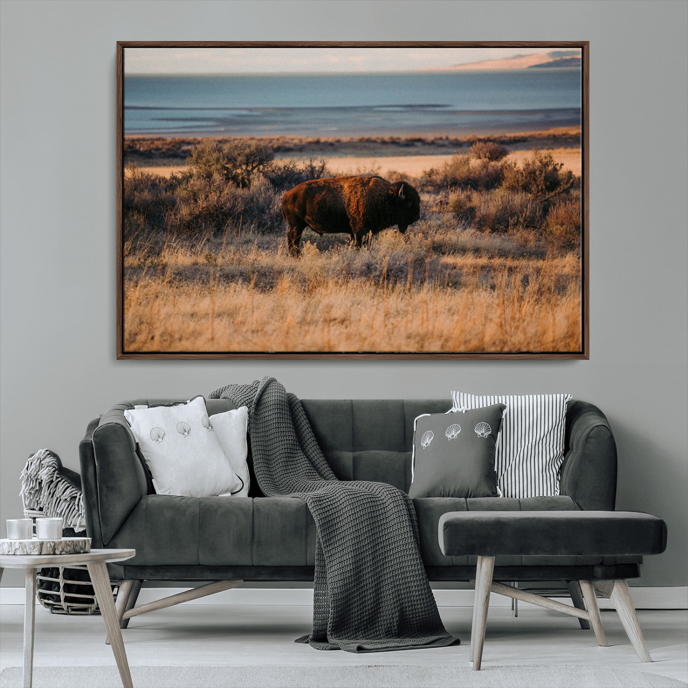 39509187-MGV-CV-36X24-Western Wildlife Wall Art Canvas Print, Framed Bison Art Picture Print, Golden Hour Perfect Western Rustic Decor Artwork
