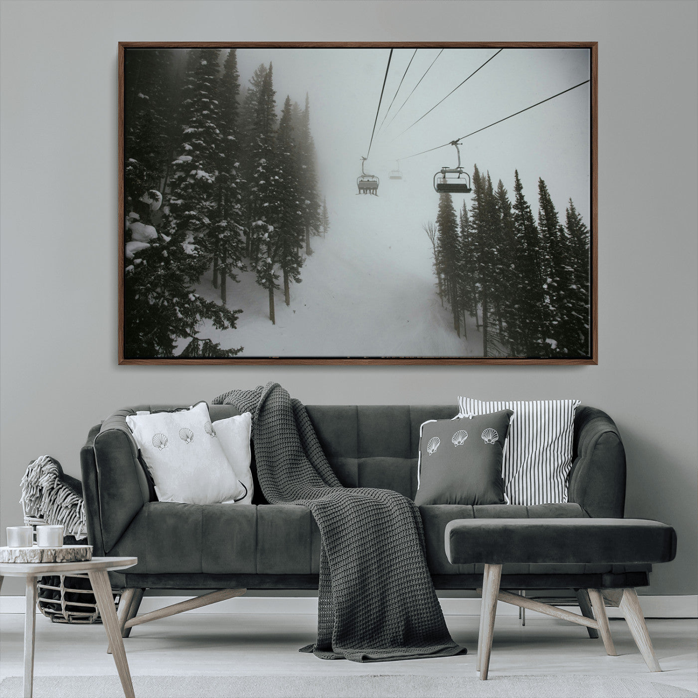 87018452-MGV-CV-36X24-Ski Lift Wall Art Canvas Print, Framed Snowy Pines Art Picture Print, Misty Landscape Perfect Winter Serenity Decor Artwork