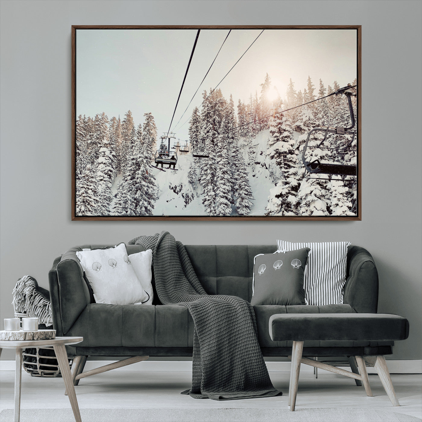 91534512-MGV-CV-36X24-Frosty Pines Wall Art Canvas Print, Framed Cozy Cabin View Art Picture Print, Ski Lift Ride Perfect Rustic Lodge Decor Artwork