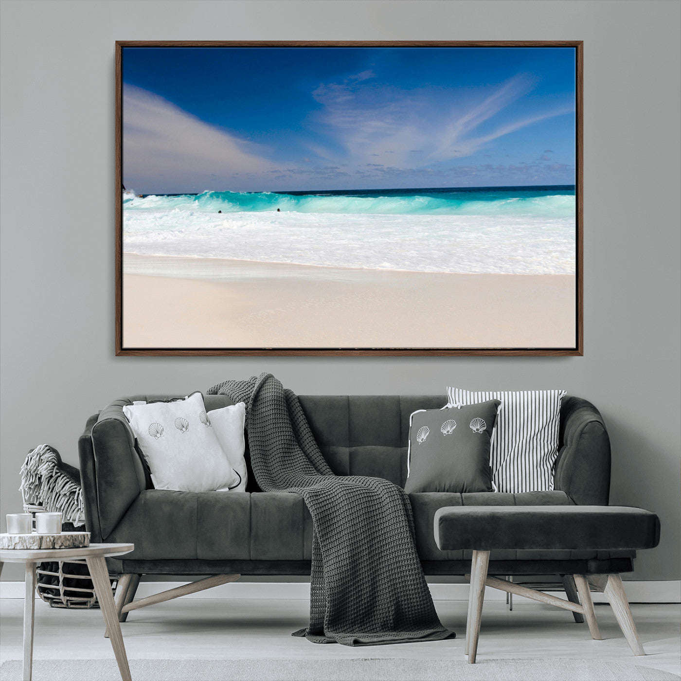 55017356-MGV-CV-36X24-Ocean Beach Wall Art – Turquoise Wave and White Sand Shoreline Canvas Print, Coastal Seascape Photography Decor for Living Room,