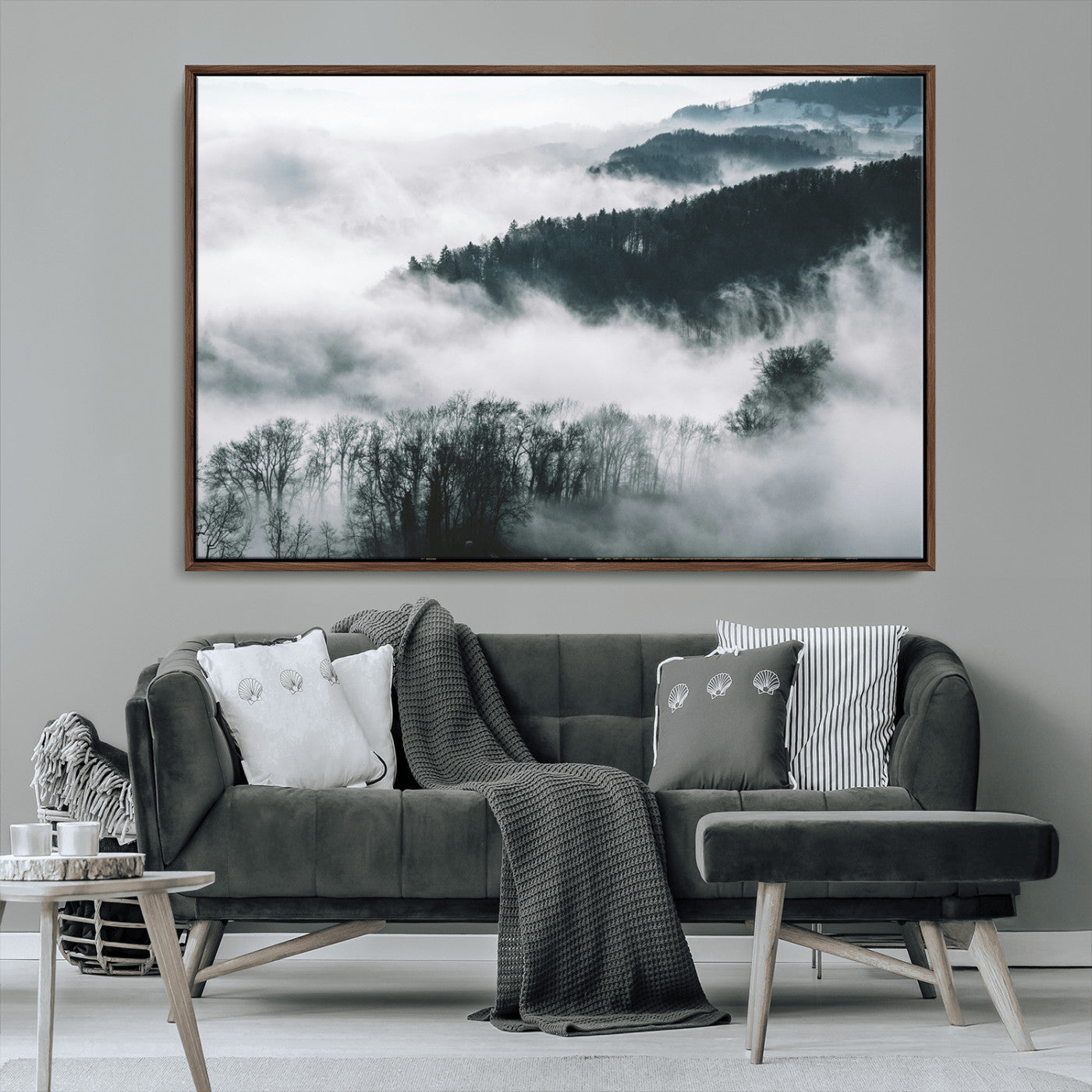 67569654-MGV-CV-36X24-Foggy Forest Wall Art – Mist Covered Hills and Trees Landscape Canvas Print, Moody Nature Photography Decor for Living Room,