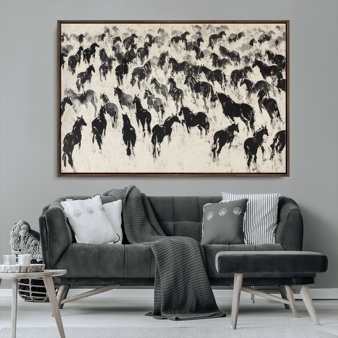 29265745-MGV-CV-36X24-Wild Horse Herd Wall Art – Black and White Galloping Horses Canvas Print, Rustic Western Farmhouse Décor for Living Room, Bedroom,