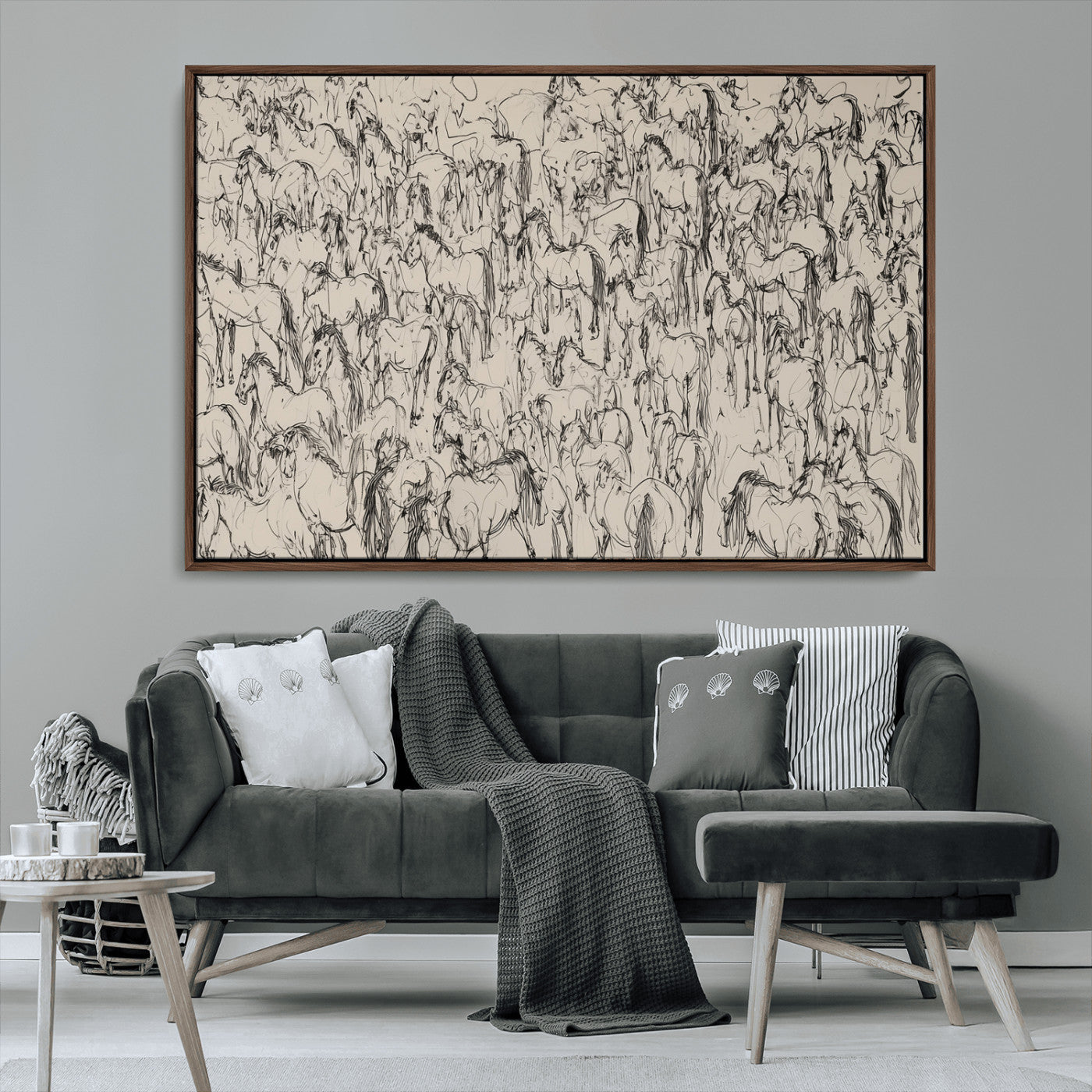 12358908-MGV-CV-36X24-Horse Herd Sketch Wall Art – Abstract Wild Horses Line Drawing Canvas Print, Rustic Western Style Equestrian Decor for Living