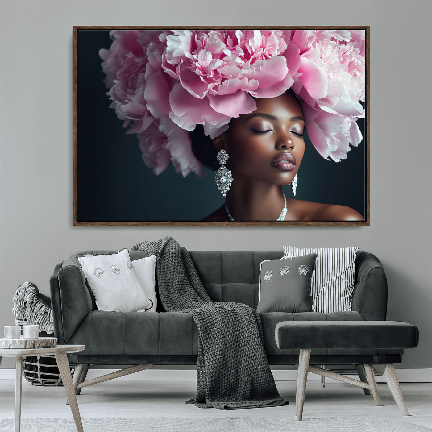 35482880-MGV-FC-36X24_Walnut-Floral Portrait Wall Art – Elegant Woman with Pink Peony Headpiece Canvas Print, Luxury Fashion Inspired Artwork, Modern Glam