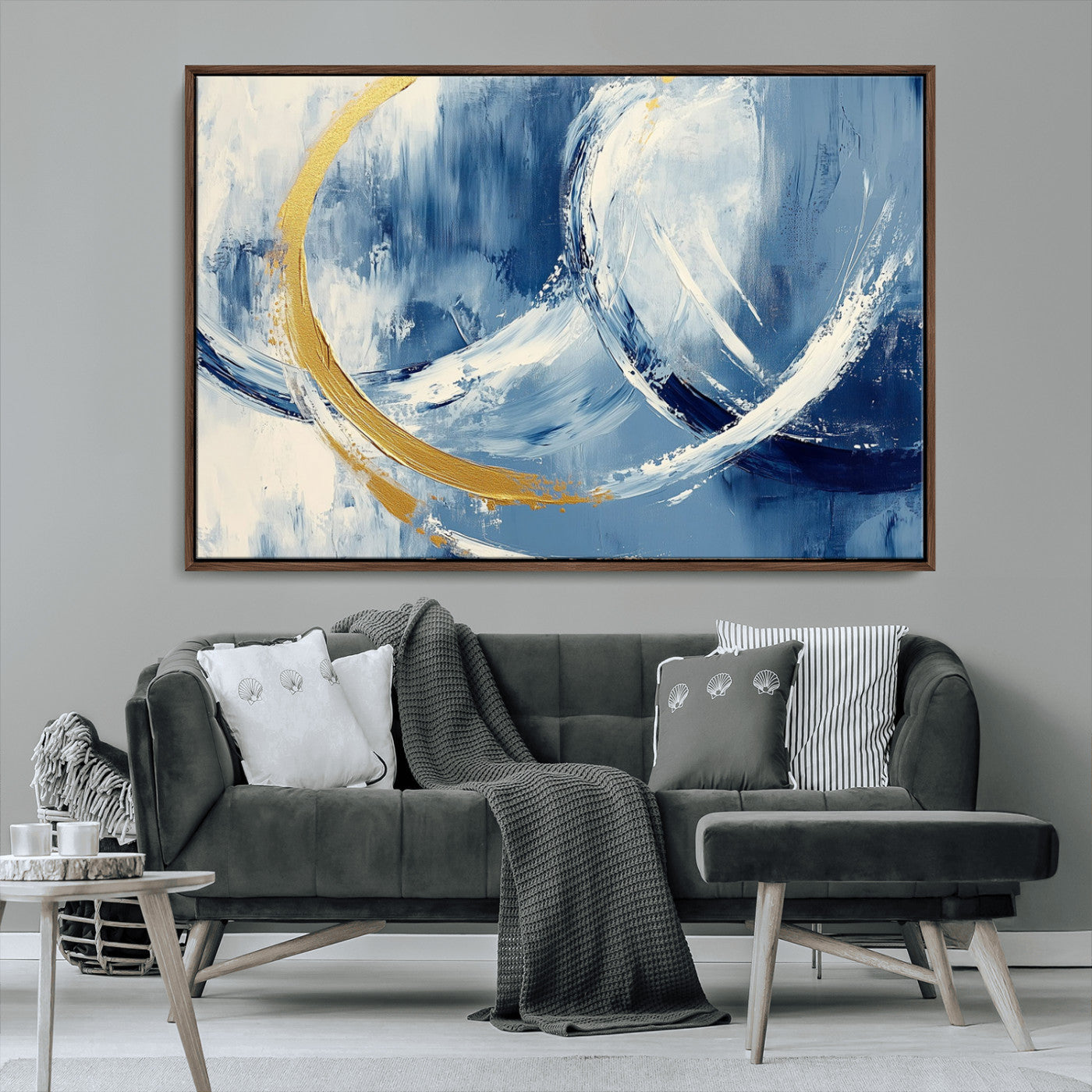 42475677-MGV-FC-36X24_Walnut-Blue and Gold Abstract Wall Art – Modern Luxury Canvas Print, Navy White Brushstroke Painting, Contemporary Home Office Living