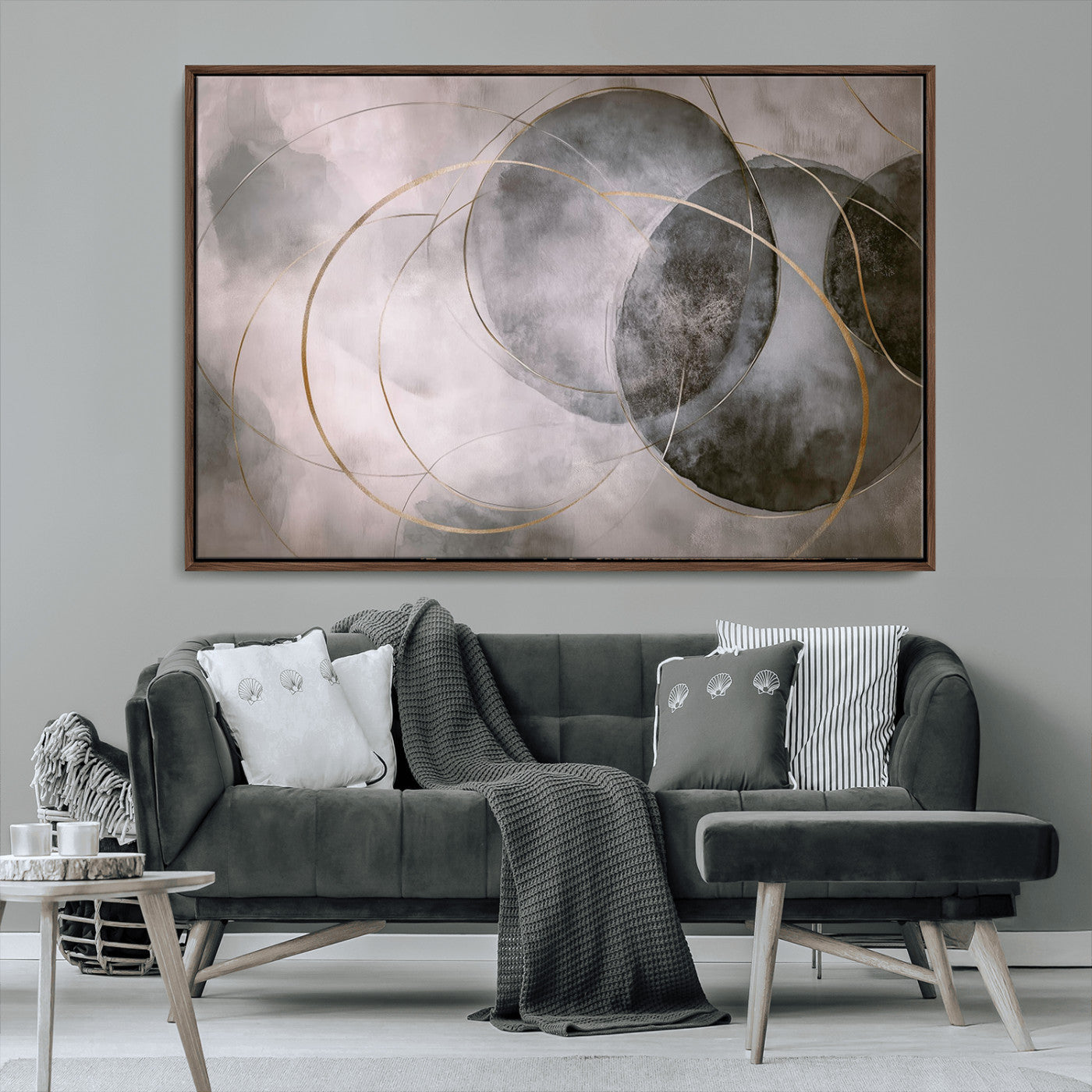 20066876-MGV-FC-36X24_Walnut-Neutral Abstract Circle Wall Art – Modern Gray Beige Gold Canvas Print, Minimalist Geometric Painting for Bedroom, Living Room,