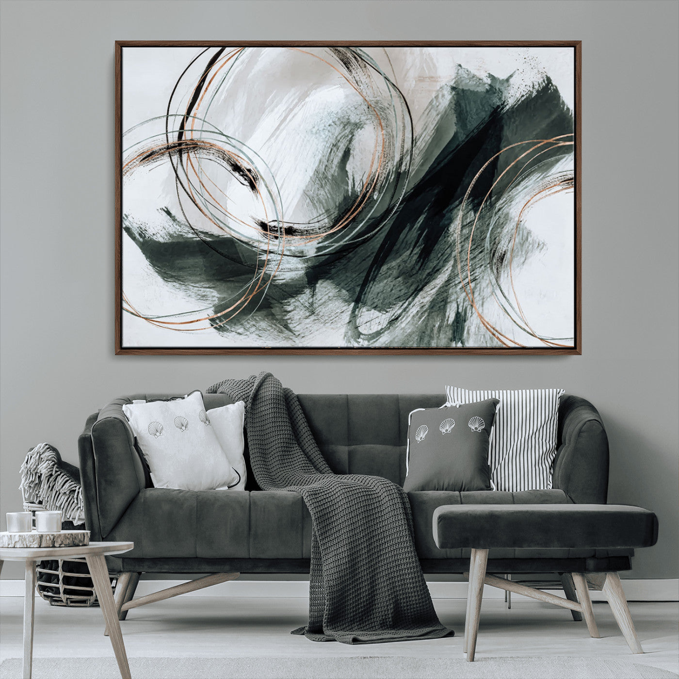 86583265-SEG-FC-90X60_Oversize_Oversize-Black and Gray Abstract Wall Art – Modern Copper Circle Canvas Print, Contemporary Minimalist Painting for Living Room, Bedroom,