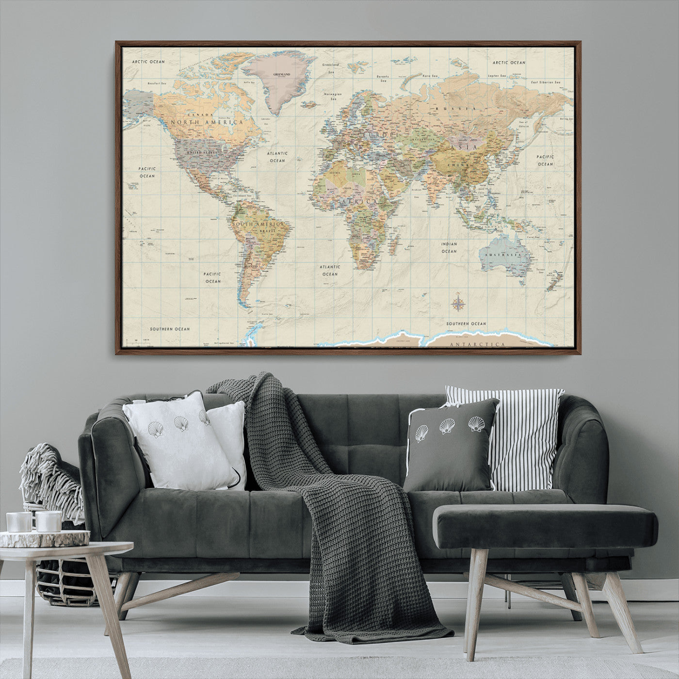 41929777-MGV-CV-36X24-World Map Wall Art – Large Detailed Political Atlas Style Map Print with Countries, Cities, and Oceans, Warm Earth Tone