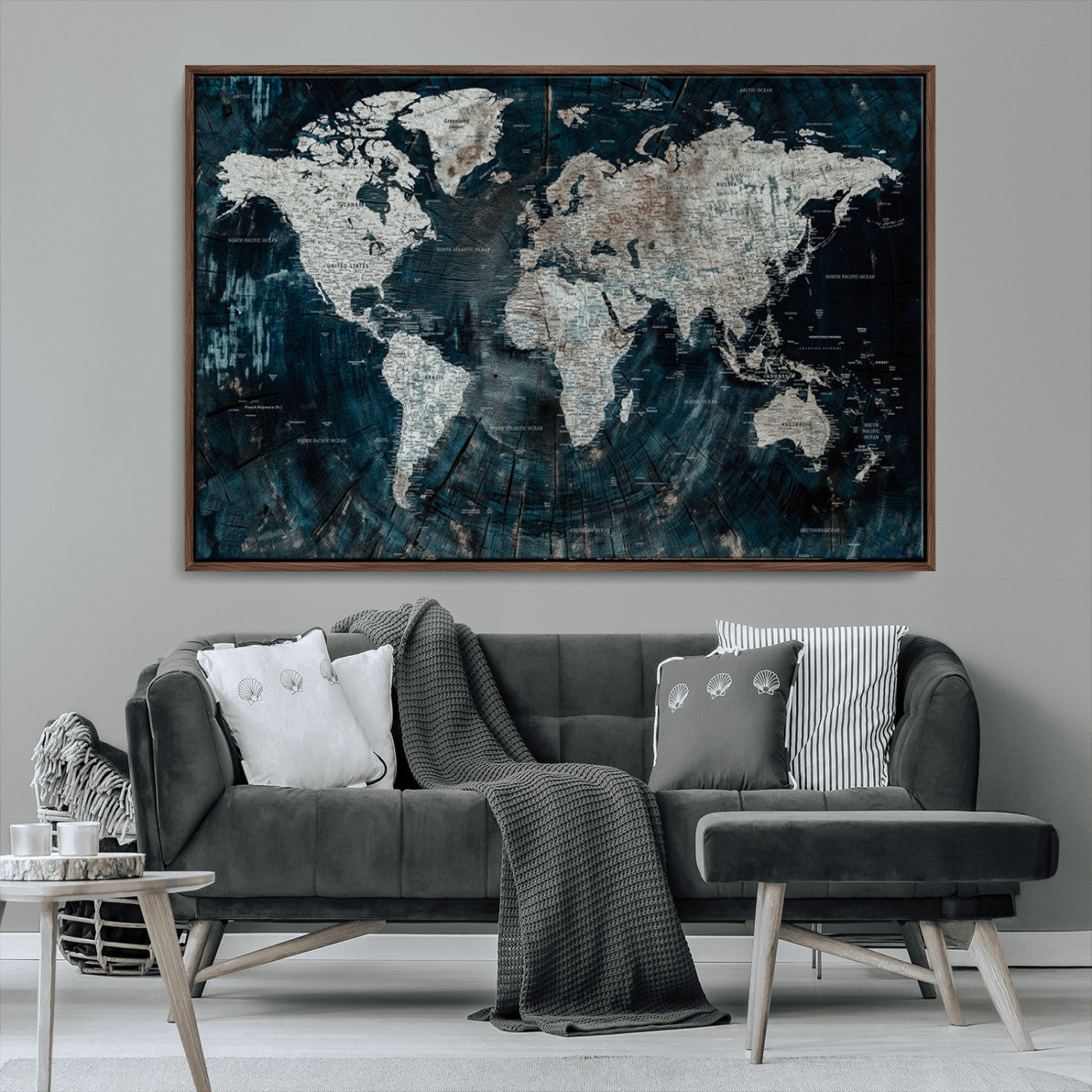34425609-MGV-FC-36X24_Walnut-World Map Wall Art – Rustic Navy and Grey Atlas Canvas Print, Distressed Explorer Map Artwork, Industrial Style Decor for Office,