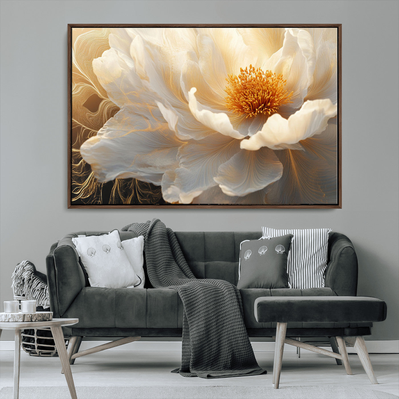 29539087-MGV-CV-36X24-Floral Wall Art – Elegant White and Gold Bloom Canvas Print, Romantic Modern Flower Artwork for Bedroom, Living Room, or Office