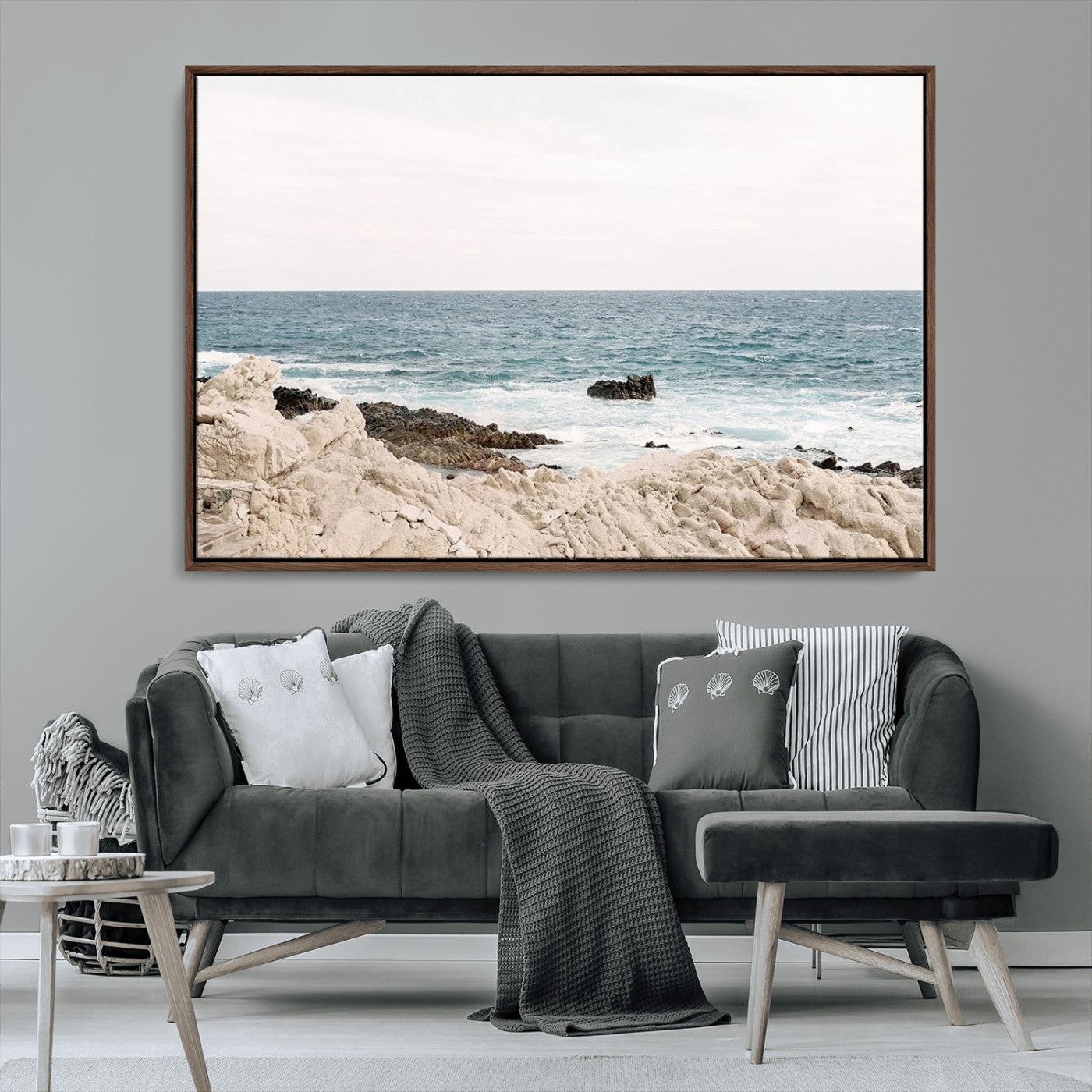 25481980-MGV-FC-36X24_Walnut-Ocean Coastal Wall Art – Rocky Shoreline and Waves Canvas Print, Serene Beach Landscape Decor for Living Room, Bedroom, or Office