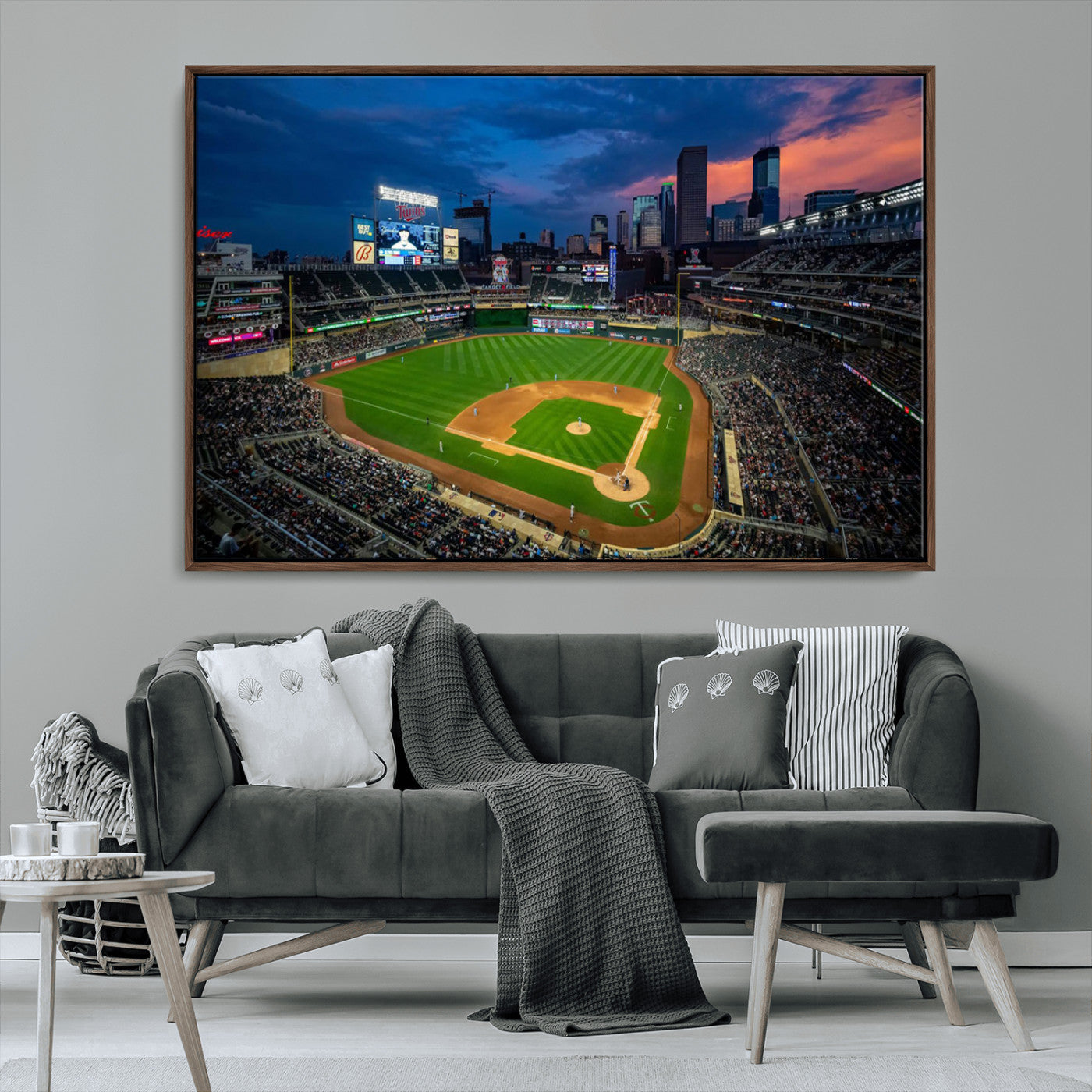 68222753-MGV-FC-36X24_Walnut-Baseball Stadium Wall Art – Panoramic Night Game Canvas Print, Sports Decor for Man Cave, Office, Bar, or Living Room