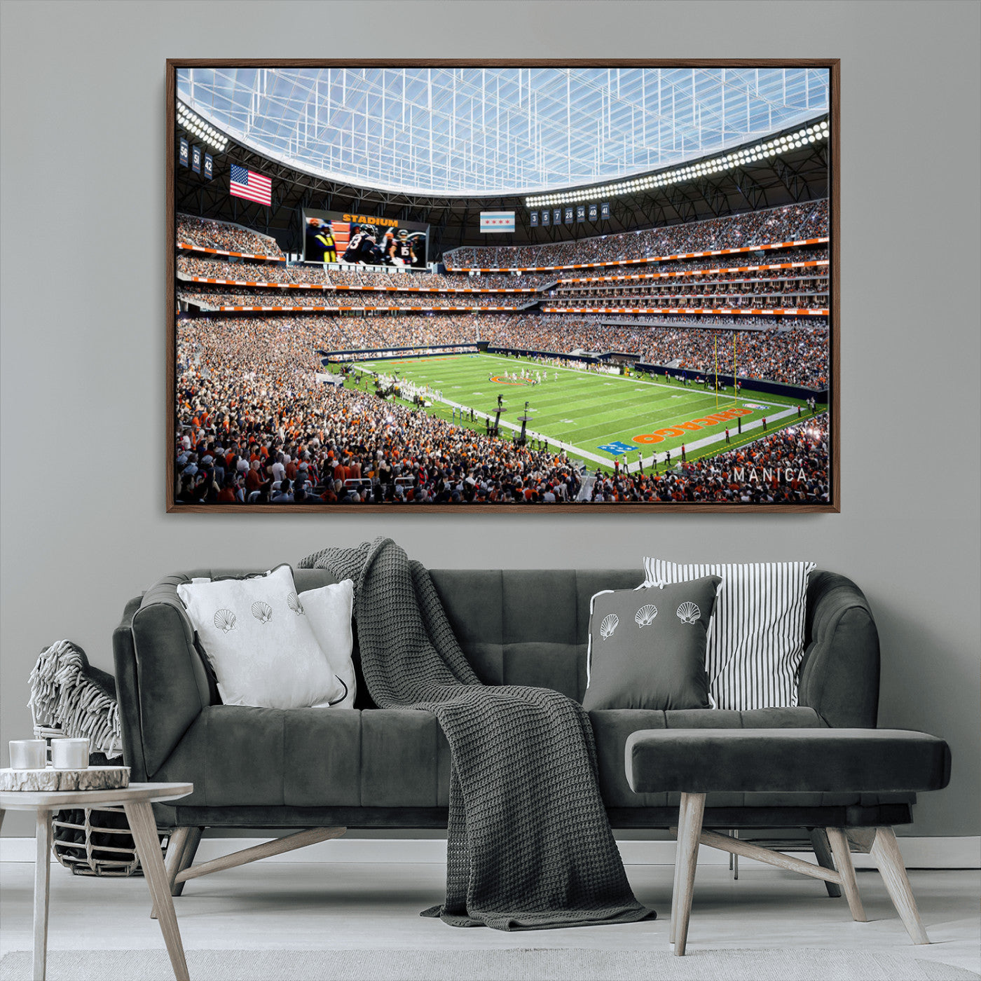 32530647-MGV-FC-36X24_Walnut-Chicago Bears Stadium Wall Art – Futuristic Dome Arena Canvas Print, Modern Football Concept Design Decor for Man Cave, Bar, or