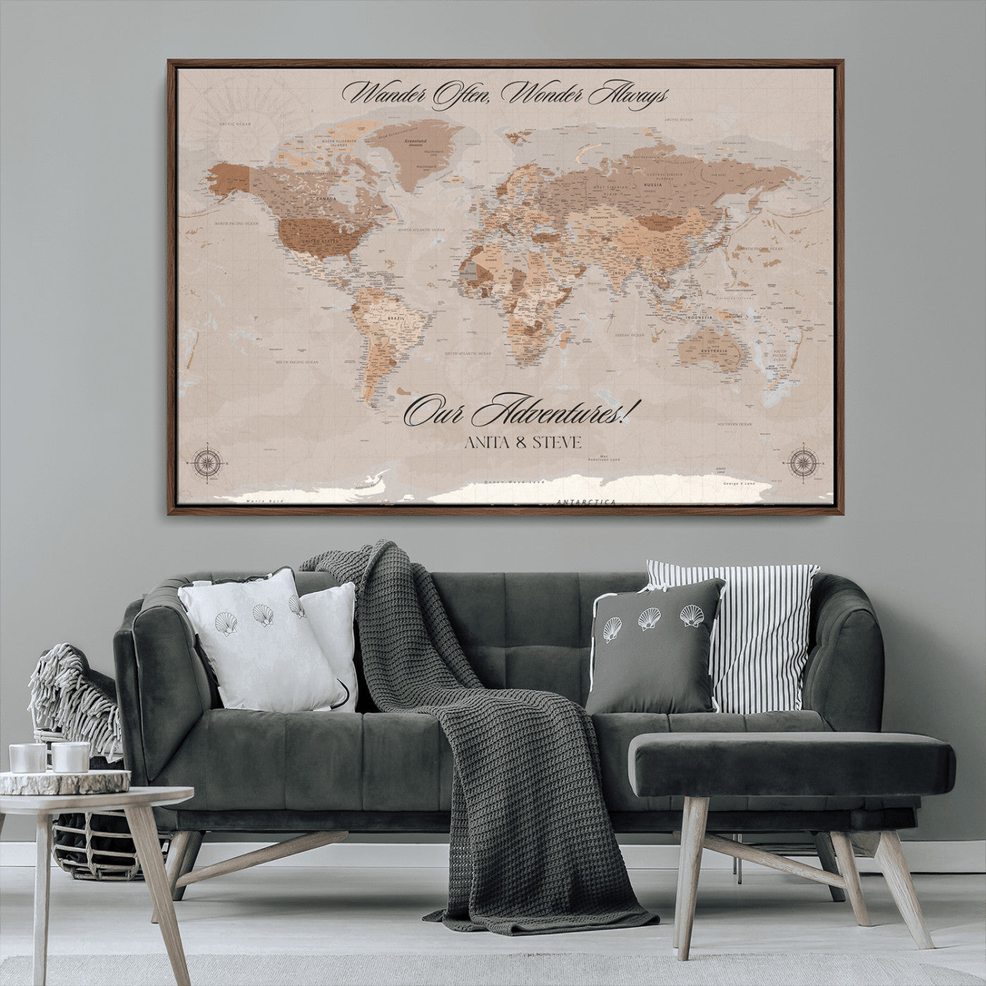 95243244-MGV-CV-36X24-Wander Often Wonder Always World Map Wall Art – Neutral Beige Adventure Canvas Print, Rustic Boho Travel Decor for Bedroom, Living