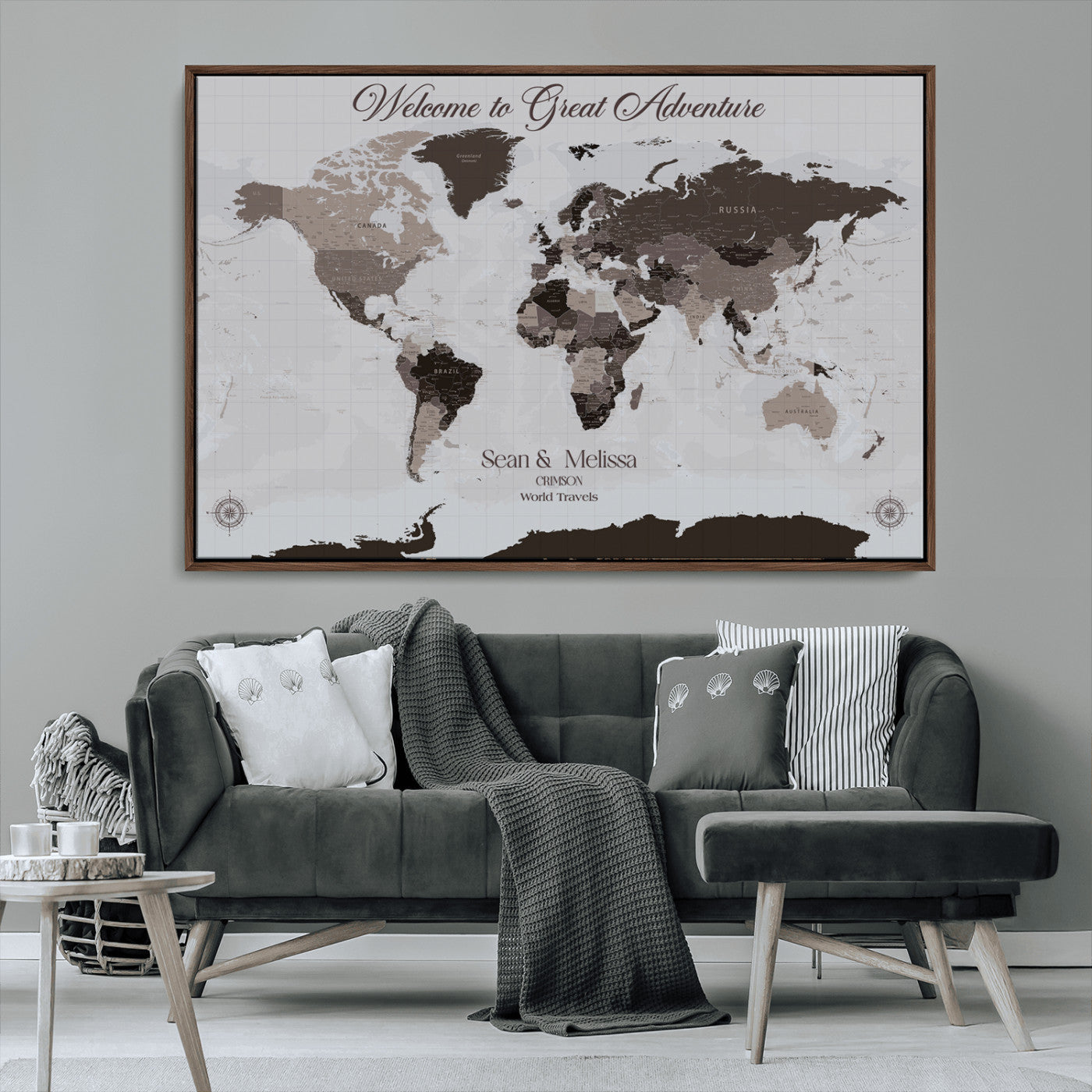 43749658-MGV-CV-36X24-Welcome to Great Adventure World Map Wall Art – Charcoal Gray Canvas Print, Rustic Travel Decor for Living Room, Study, Office or