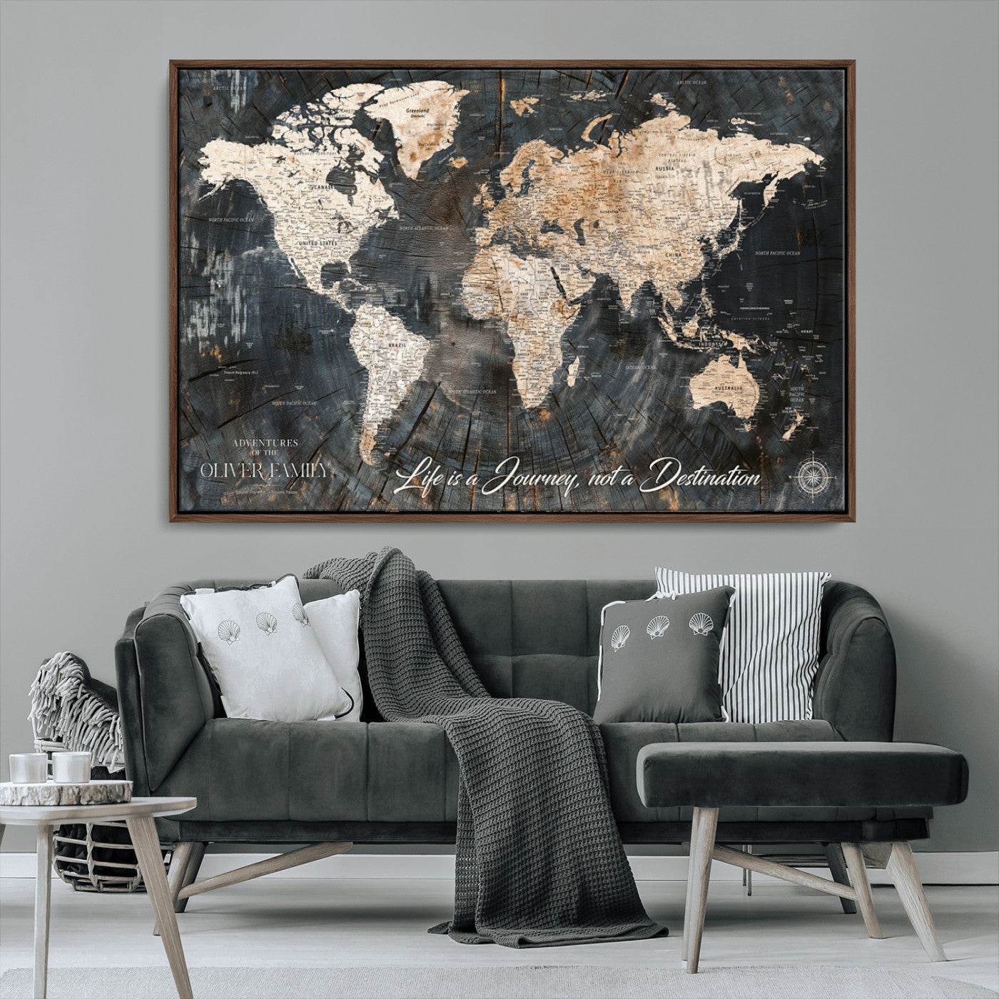 37848568-MGV-CV-36X24-Life is a Journey Not a Destination World Map Rustic Wood Texture Vintage Beige Navy Adventure Wall Art Canvas Print for Home
