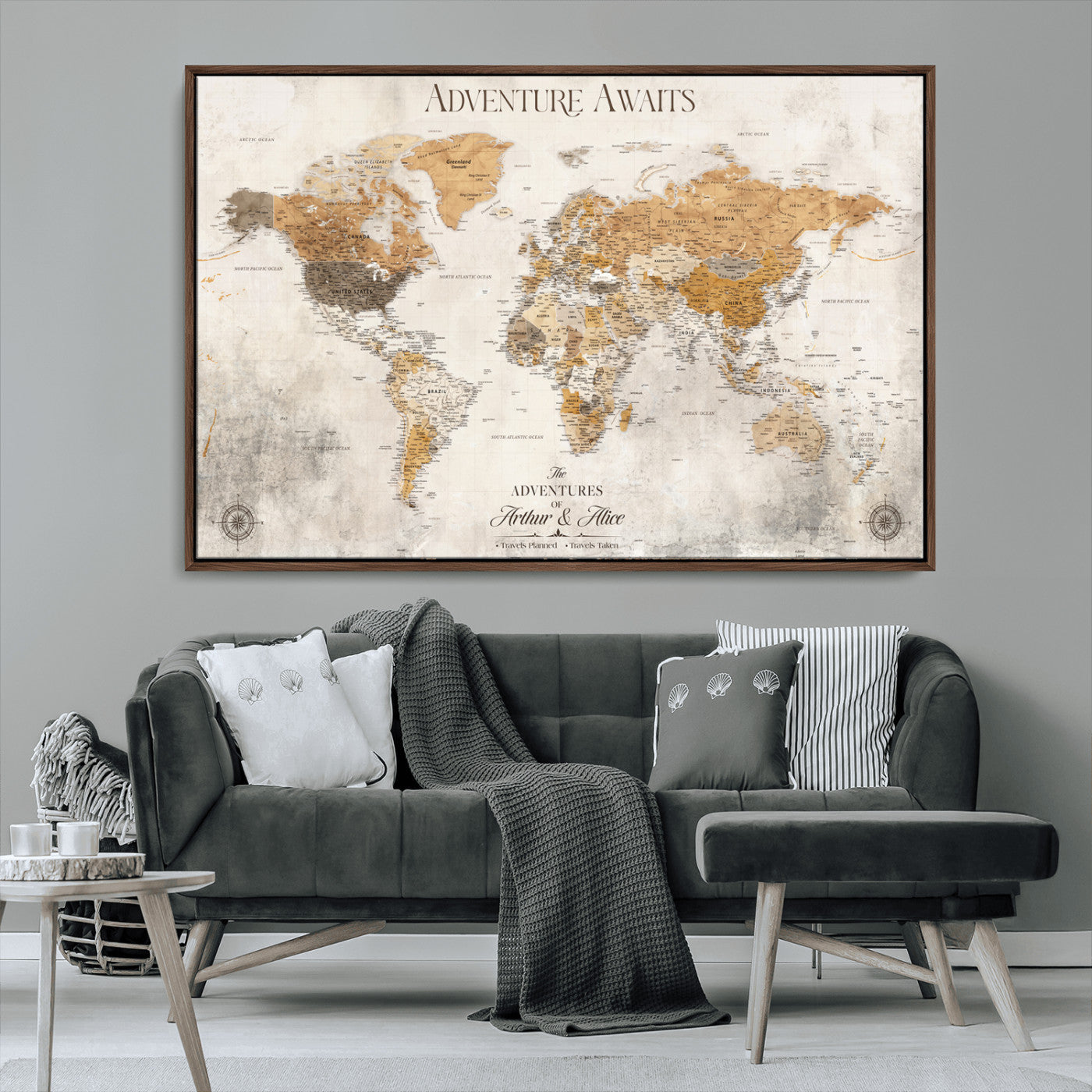 99422096-MGV-FC-36X24_Walnut-Adventure Awaits World Map Wall Art – Neutral Beige Canvas Print, Modern Travel Inspired Wall Decor for Living Room, Bedroom or