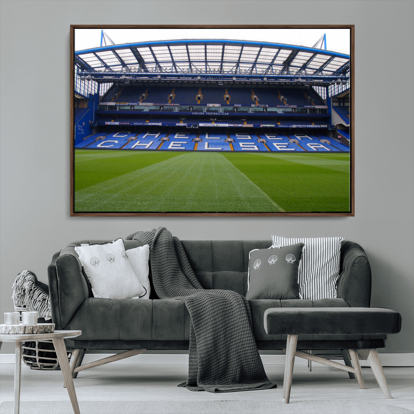 38616413CHELSA-MGV-FC-36X24_Walnut-Chelsea Stadium Wall Art – Panoramic Football Field Canvas Print, Game Day Sports Decor for Living Room, Office, or Man Cave