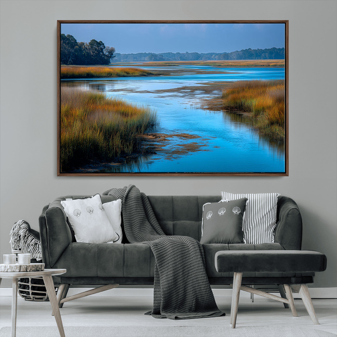 26300004-MGV-CV-36X24-Tranquil Marshland Canvas Wall Art – Blue Water, Reflective Sky, Golden Grasses, Calm Nature Landscape, Scenic Outdoor Beauty for