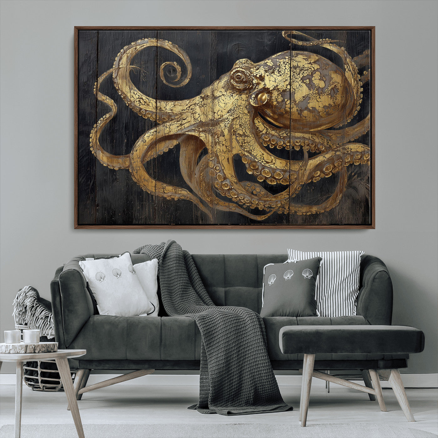 47056538-MGV-FC-36X24_Walnut-Octopus Wall Art – Gold Nautical Canvas Print with Rustic Wood Texture, Marine Creature Artwork for Coastal Ocean Decoration in