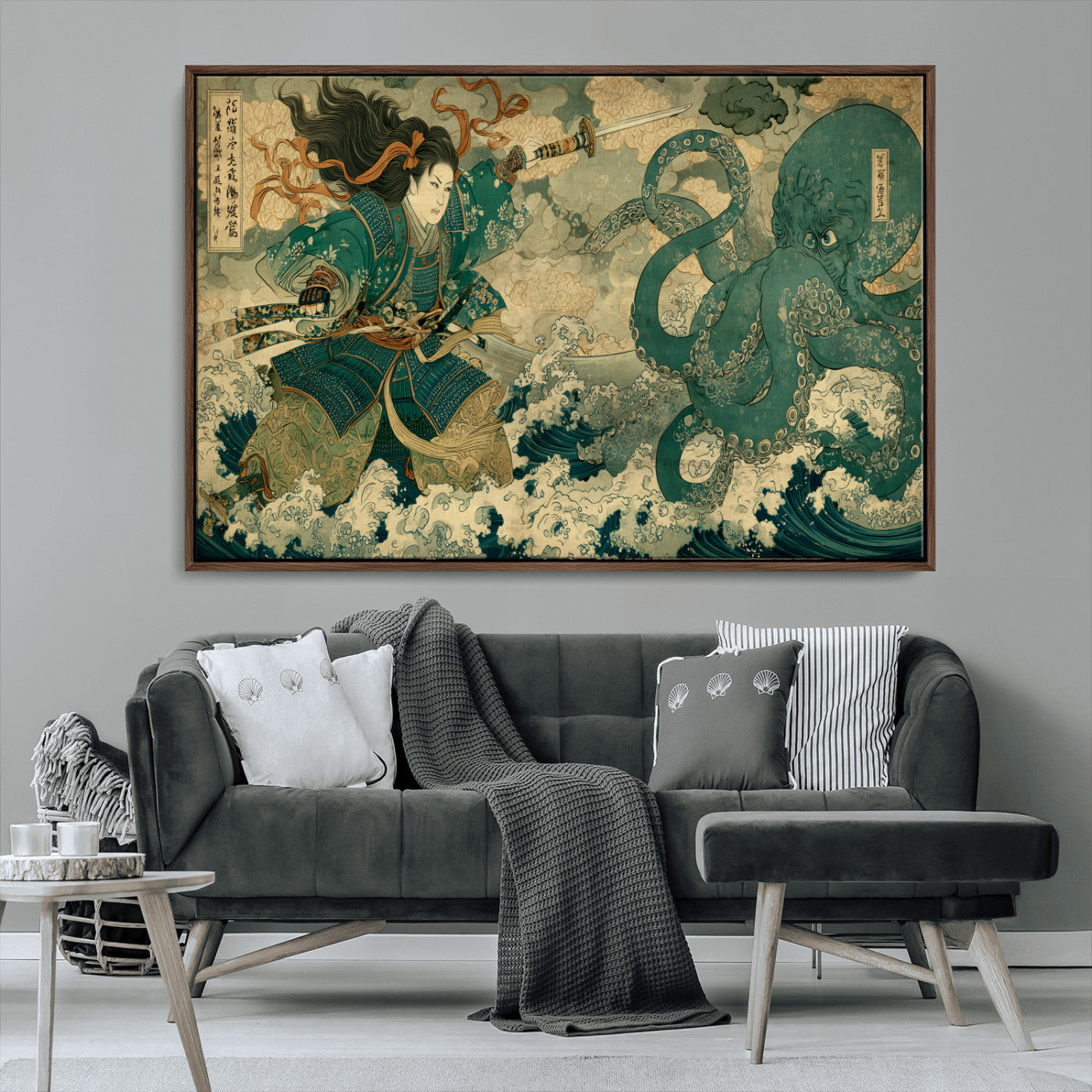 24416422-MGV-FC-36X24_Walnut-Samurai vs Octopus Wall Art – Japanese Warrior Ocean Battle Canvas Print, Ukiyo e Inspired Decor for Home, Office, or Man Cave
