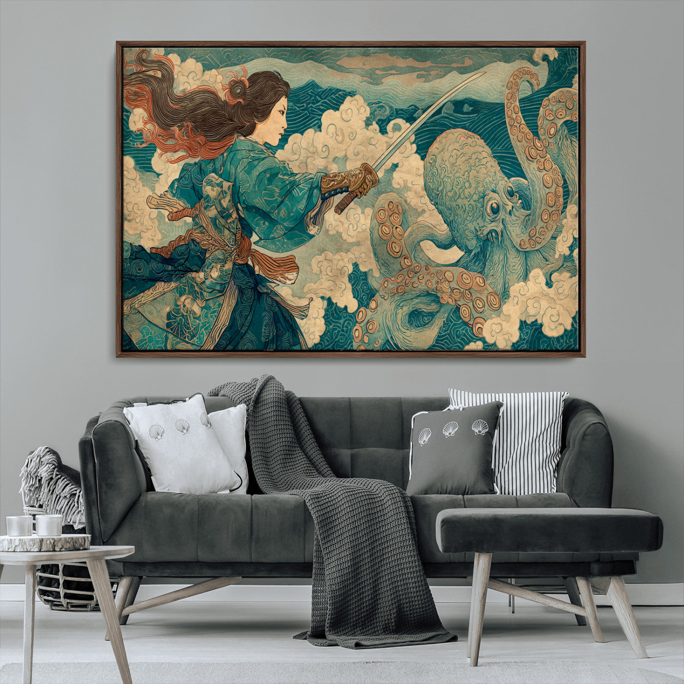 37943964-MGV-FC-36X24_Walnut-Samurai Warrior vs Octopus Wall Art – Japanese Ukiyo-e Style Canvas Print, Ocean Battle Scene Artwork for Living Room, Office, Man