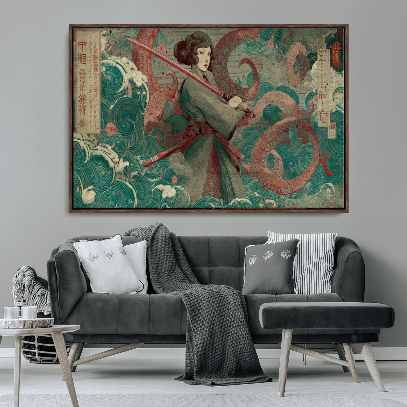 91666601-MGV-FC-36X24_Walnut-Samurai Woman vs Octopus Wall Art – Japanese Ukiyo-e Green Robe Canvas Print, Ocean Battle Artwork for Living Room, Office, Man