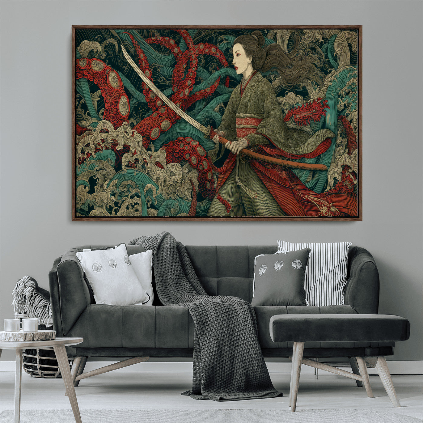 18902796-MGV-CV-36X24-Samurai Woman vs Octopus Wall Art – Japanese Ukiyo-e Green Kimono Canvas Print, Ocean Battle Scene Artwork for Living Room,