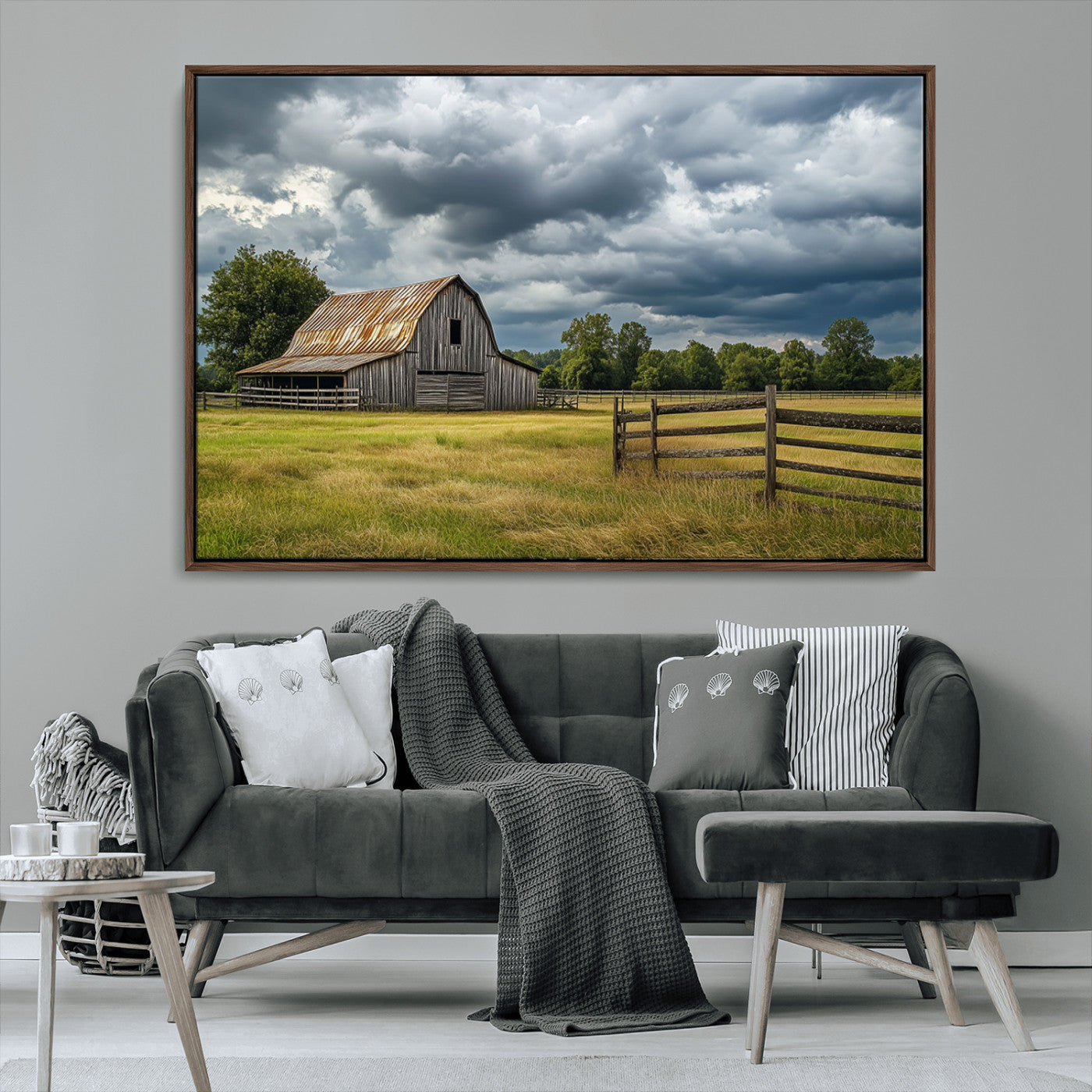39409517-MGV-FC-36X24_Walnut-Rustic Barn Wall Art – Weathered Farmhouse and Storm Clouds Canvas Print, Country Landscape Photography Decor for Bedroom, Living