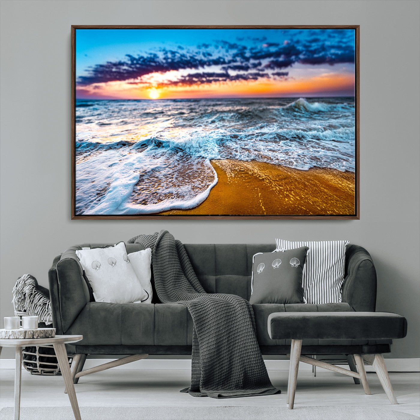 24077769-MGV-CV-36X24-Sunset Beach Wall Art – Ocean Waves Canvas Print, Golden Shoreline Photography Coastal Decor for Living Room, Bedroom, Office,