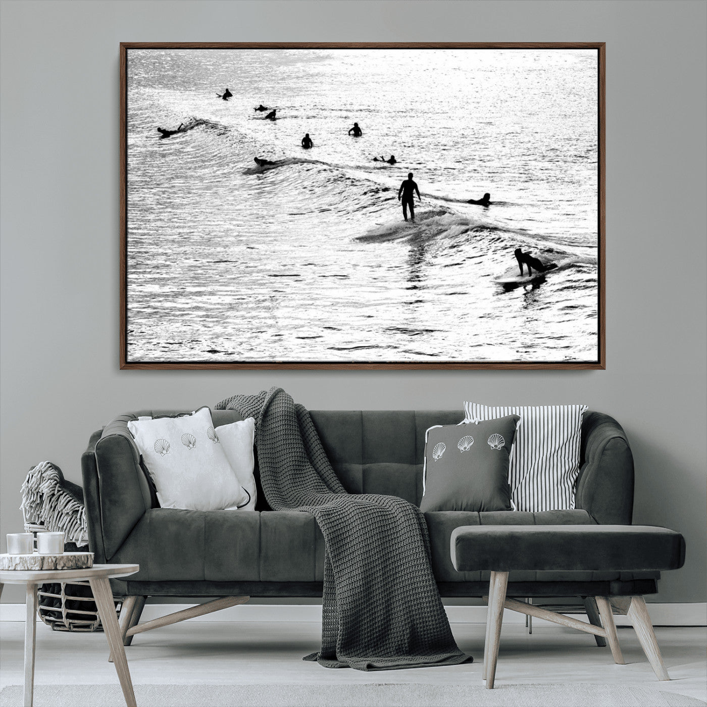 68018616-MGV-CV-36X24-Black and White Surf Photography Print – Minimalist Ocean Wall Art, Surfers Riding Waves, Coastal Beach Decor for Modern Home or