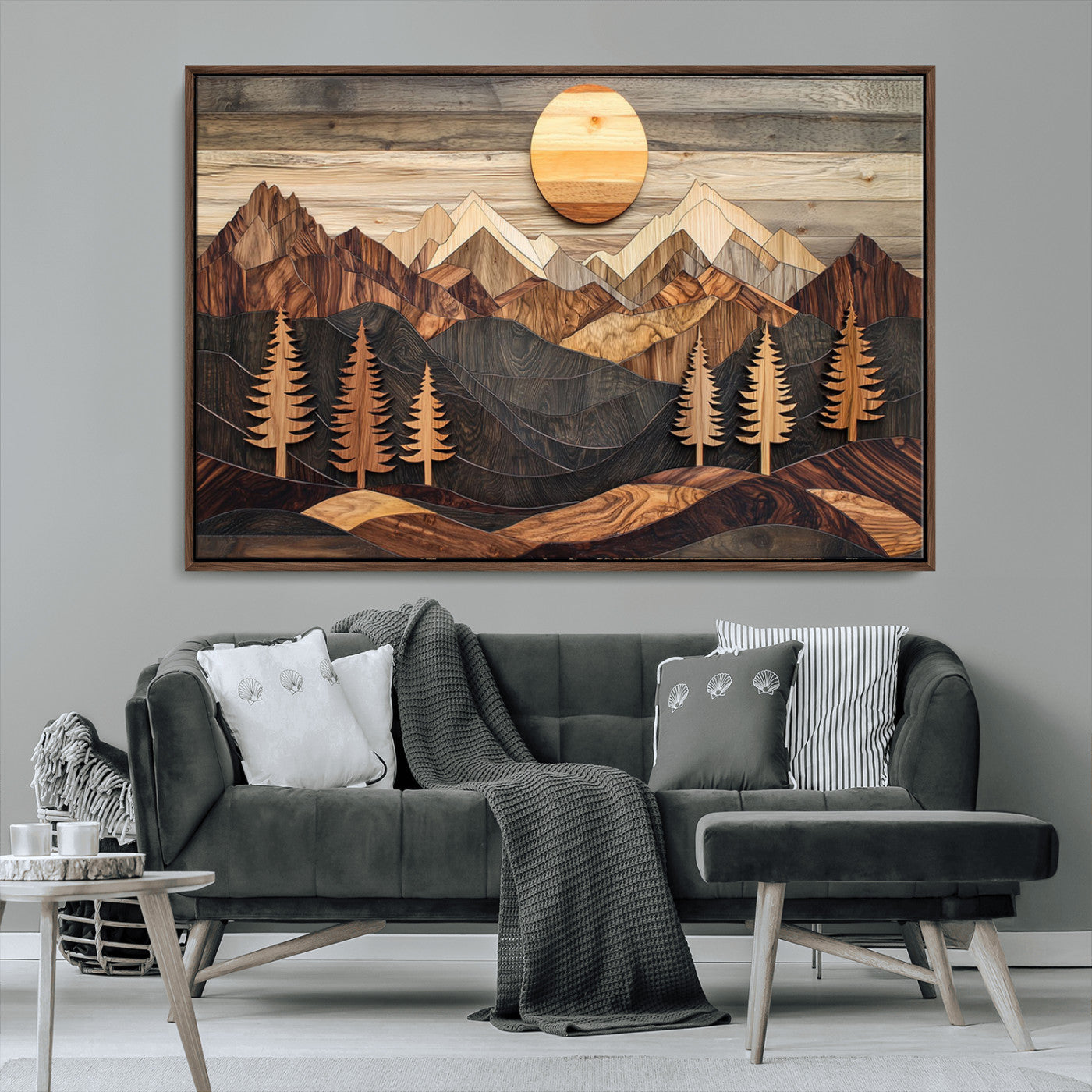 90044381-MGV-CV-36X24-Rustic Wall Art – Wooden Mountain Landscape with Sun and Pine Trees, Handcrafted Nature Canvas Style Decor for Bedroom, Living