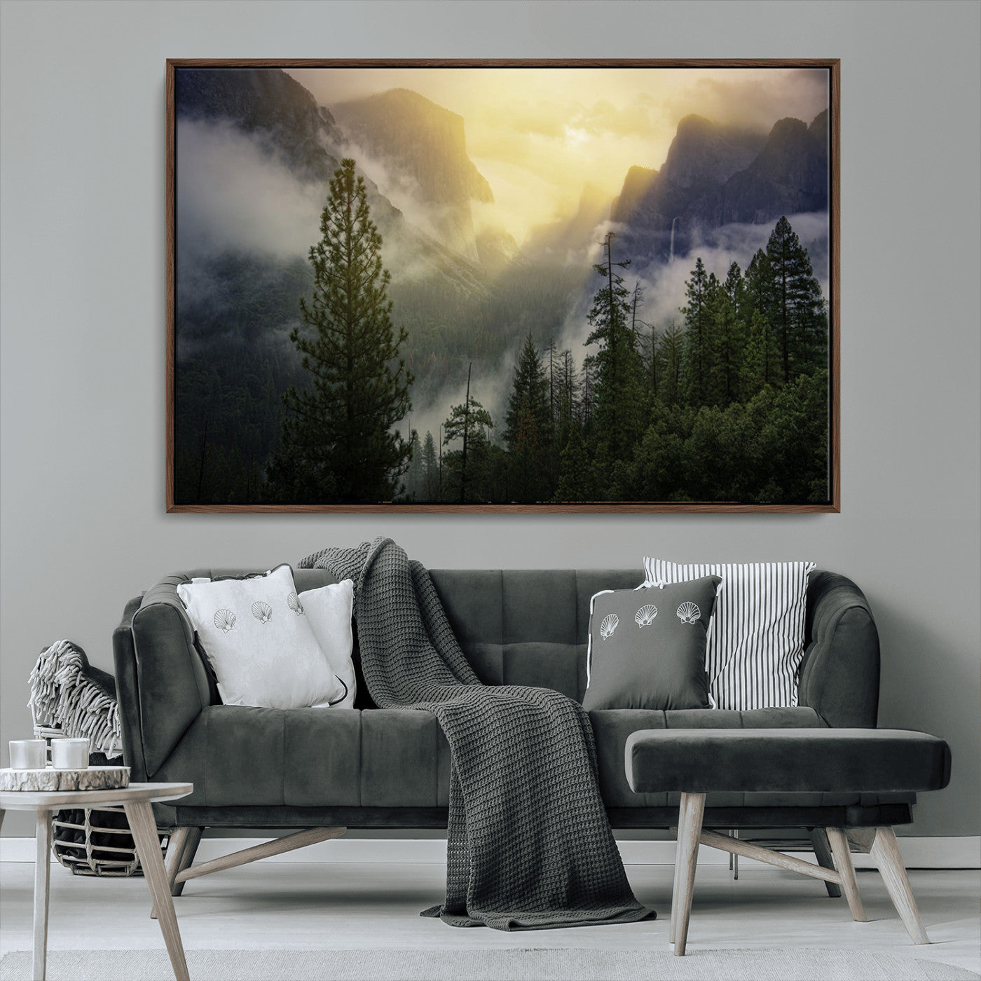 38316884-MGV-FC-36X24_Walnut-Landscape Wall Art – Misty Mountain Valley Canvas Print, Scenic Pine Forest and Sunrise Photography Decor for Bedroom, Living